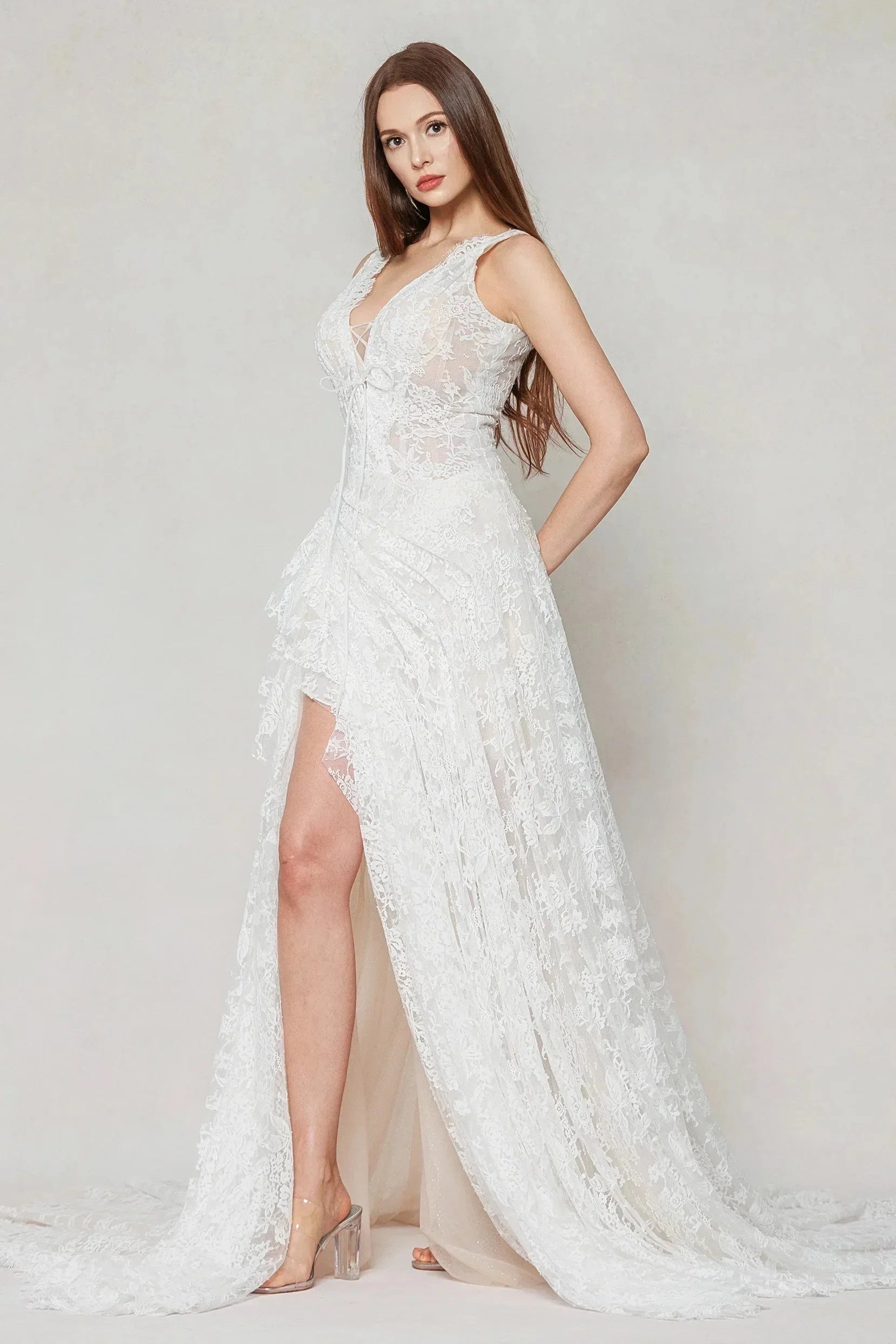 Romantic A-Line V Neck Sleeveless Zip Back Lace Wedding Dress With Train