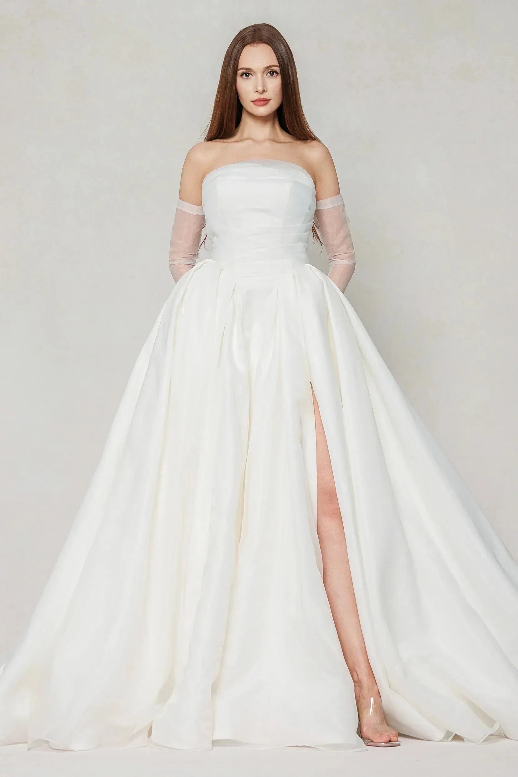 Elegant Ballgown Strapless Detachable Long Sleeve Plain Back Cathedral Train Bridal Wedding Dress