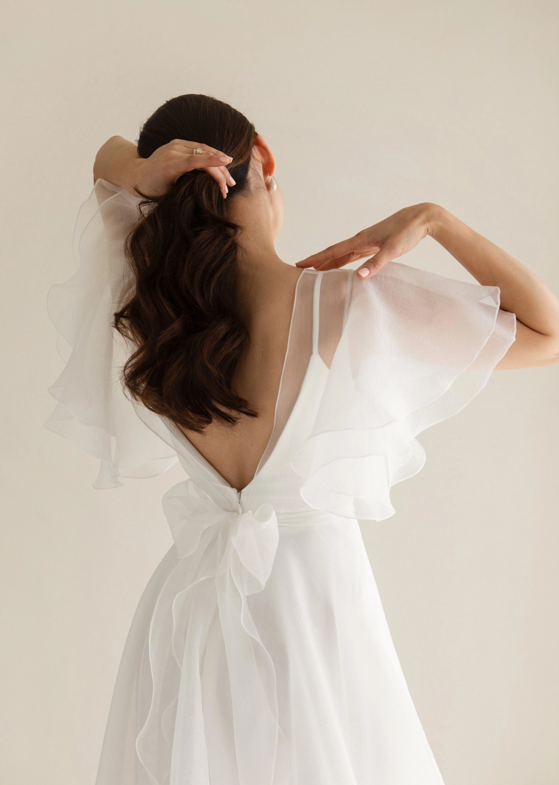 Sheer Boat Neck A-Line Flutter Sleeve Open Back Chapel Train Simple Wedding Bridal Gown