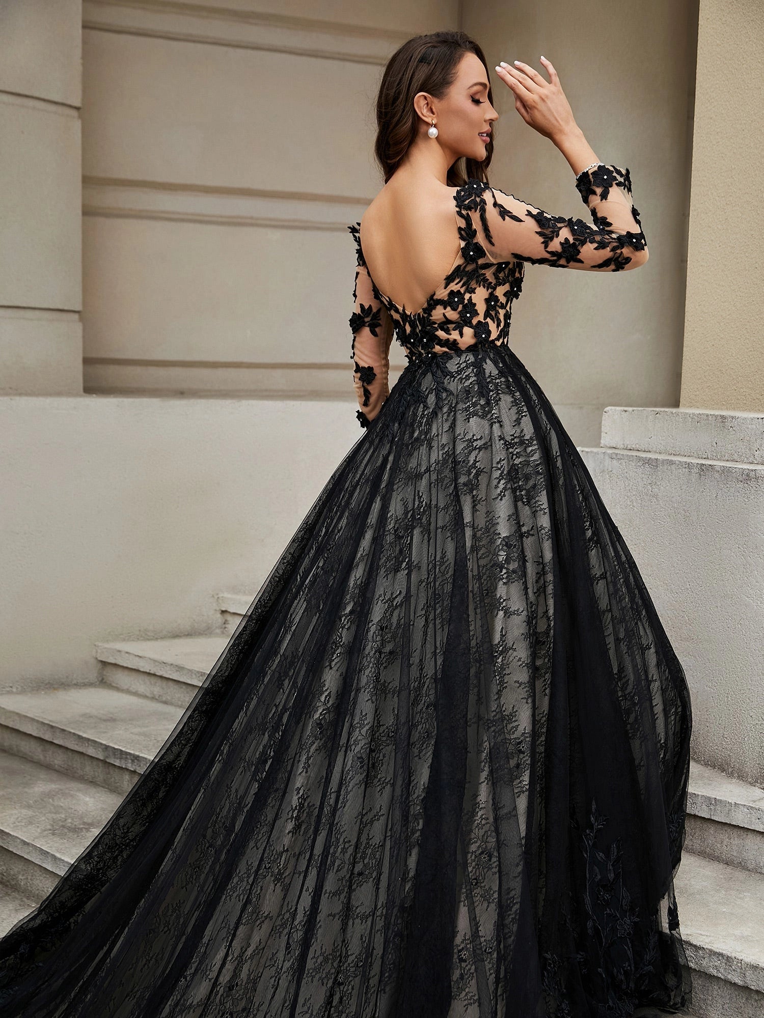Gothic A-Line Long Sleeve Zip Back Black Lace Wedding Dress With Cathedral Train