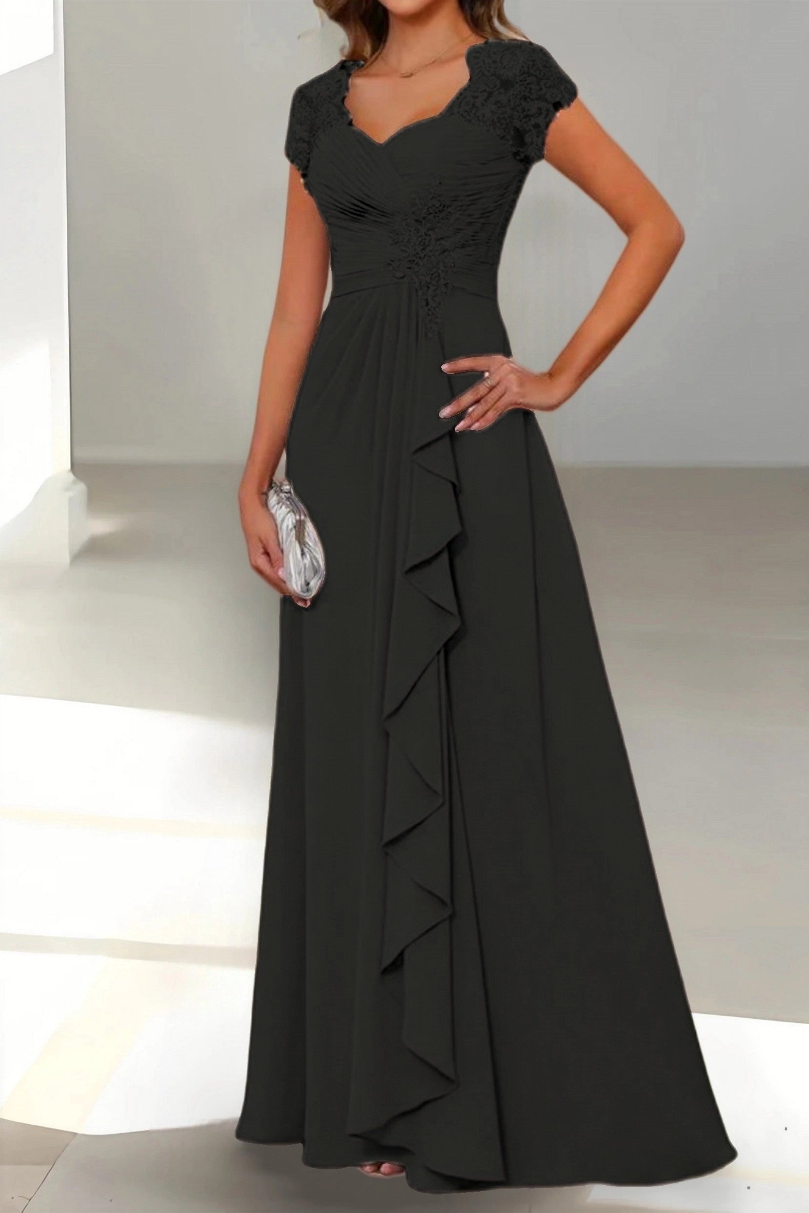 Elegant A-Line Sweetheart Cap Sleeve Zip Back Floor Length Mother Of The Bride Dress