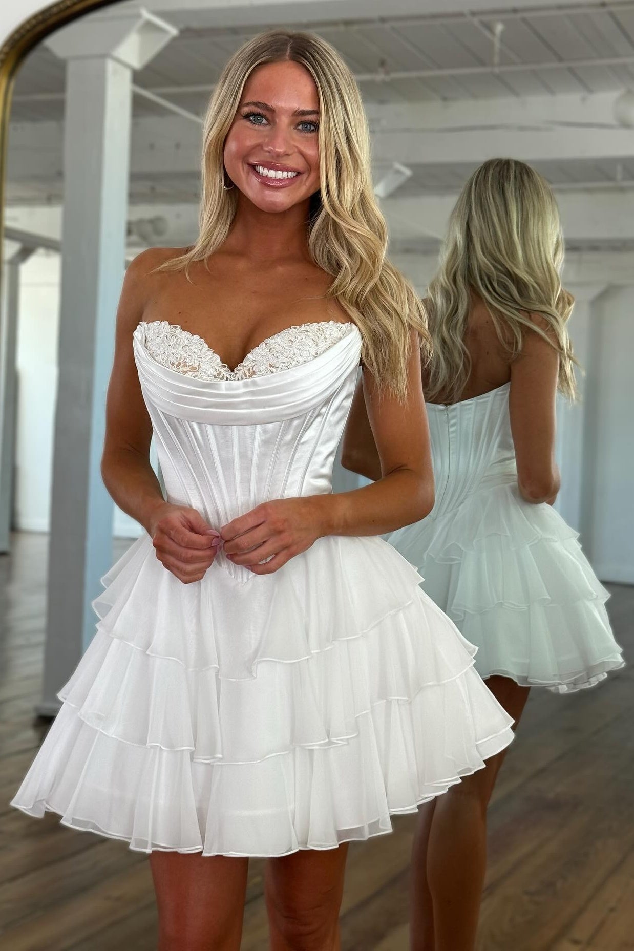 A Line Sweetheart Yellow Corset Homecoming Dress with Appliques Ruffles