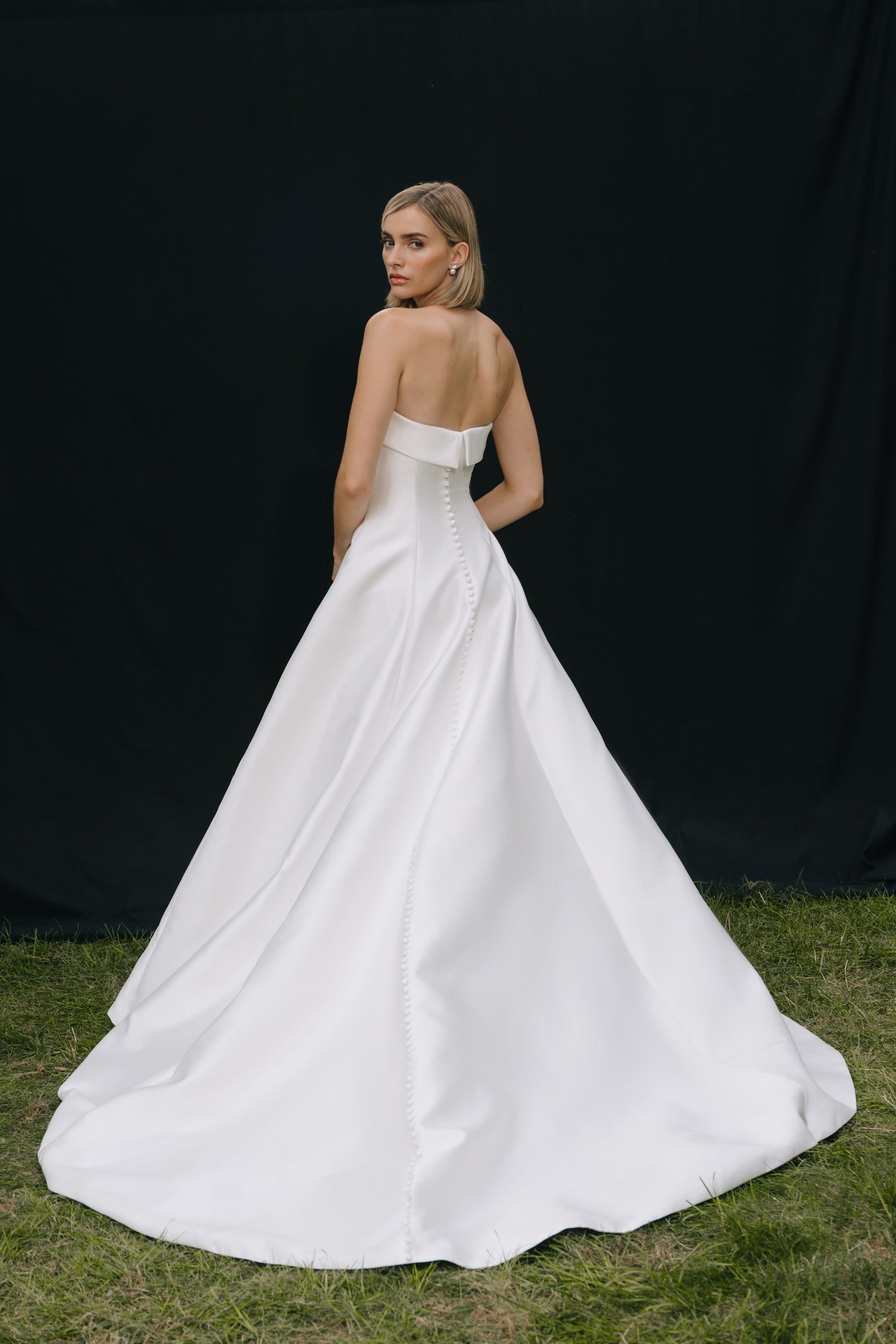 Minimalist Ballgown Strapless Sleeveless Button Back Cathedral Train Wedding Dress