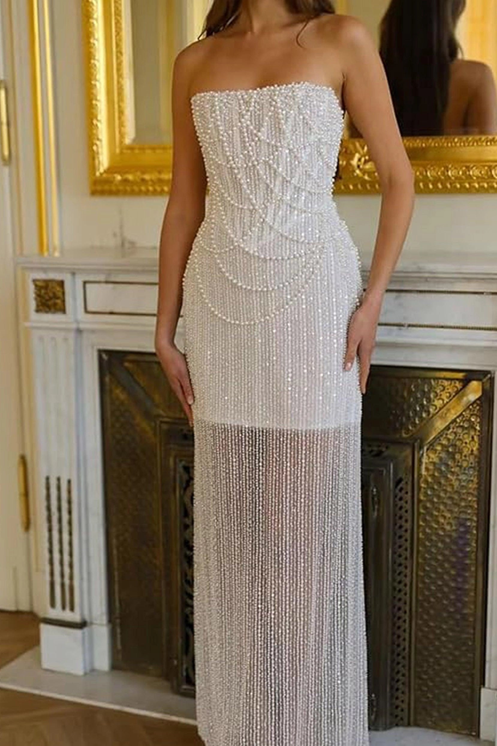 Luxe Sheath Strapless Sleeveless Lace-Up Back Floor-Length Beaded Evening Dress