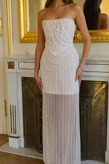 Luxe Sheath Strapless Sleeveless Lace-Up Back Floor-Length Beaded Evening Dress