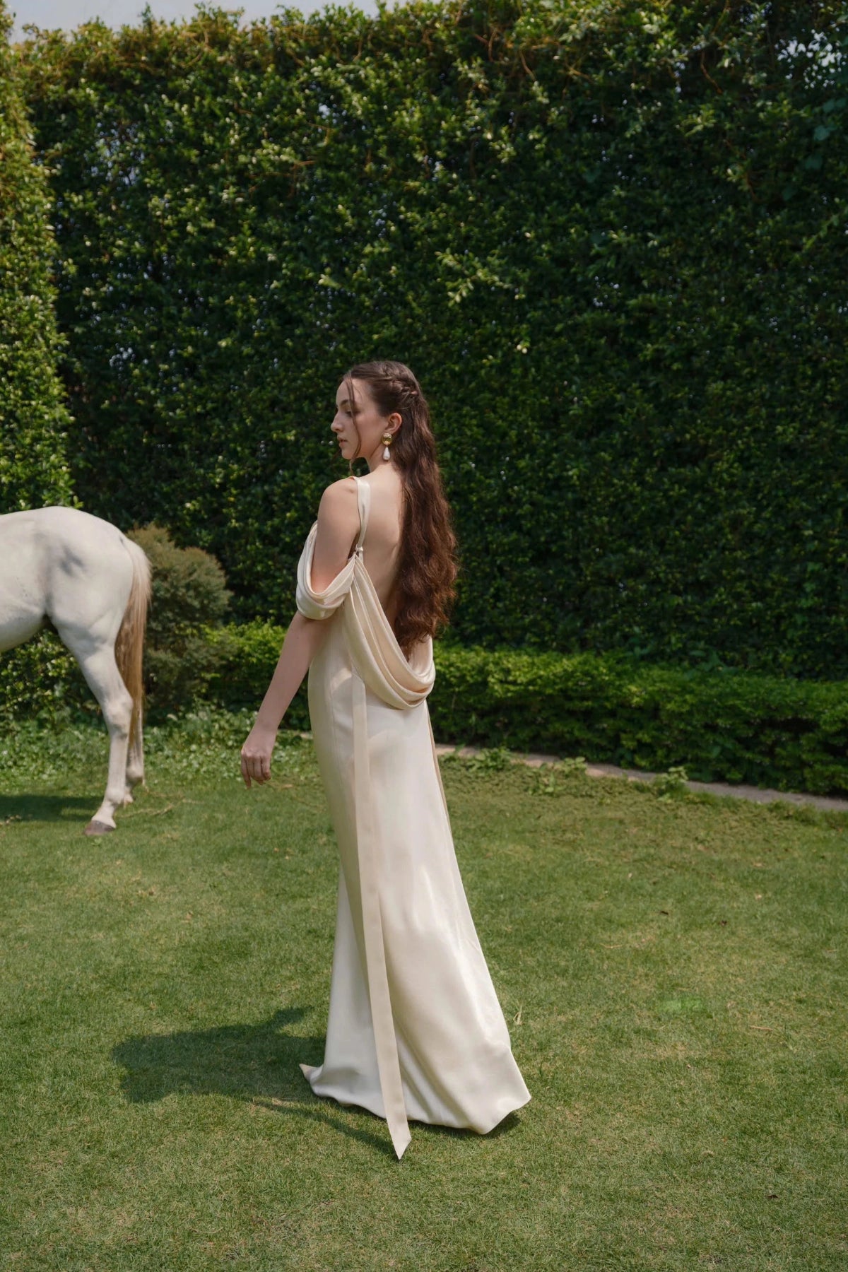 Gorgeous Mermaid Cowl Off‑Shoulder Draped‑Back Floor‑Length Wedding Dress