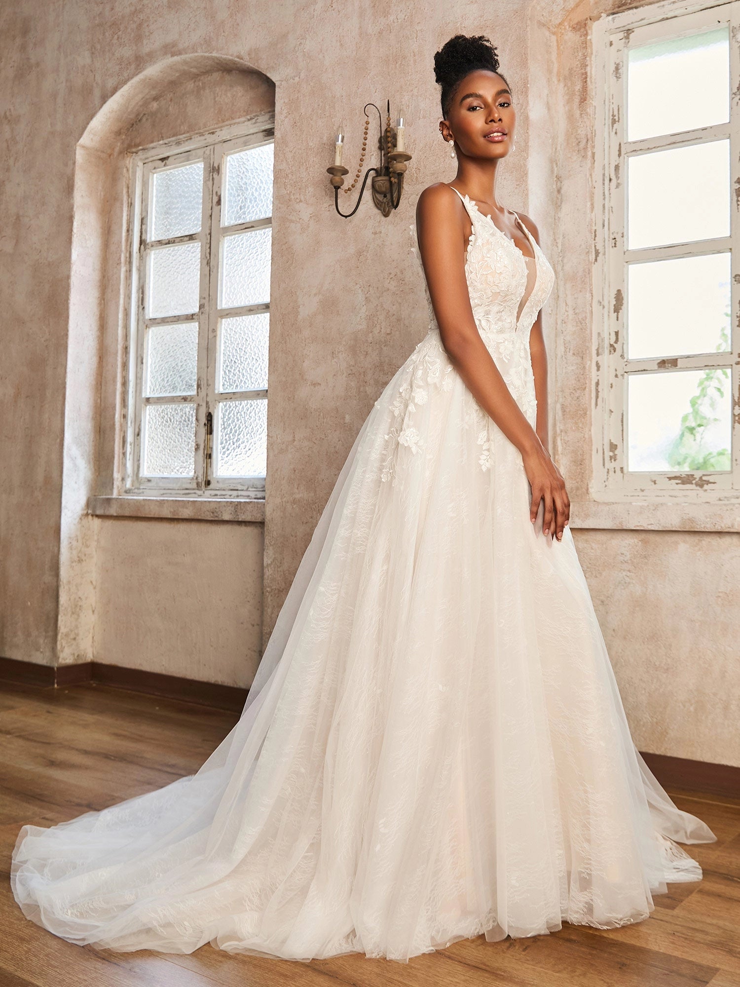 Romantic A-Line Deep V Spaghetti Strap Low Back Train Wedding Dress