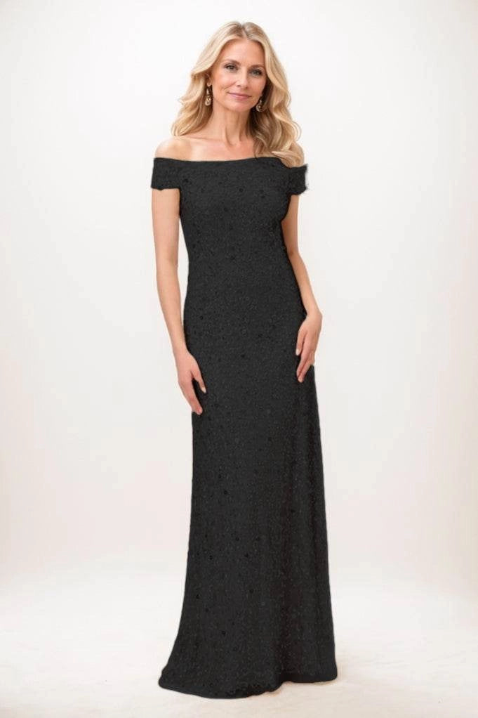 Glam Mermaid Off Shoulder Zip Back Beaded Floor Length Mother Of The Bride Dress