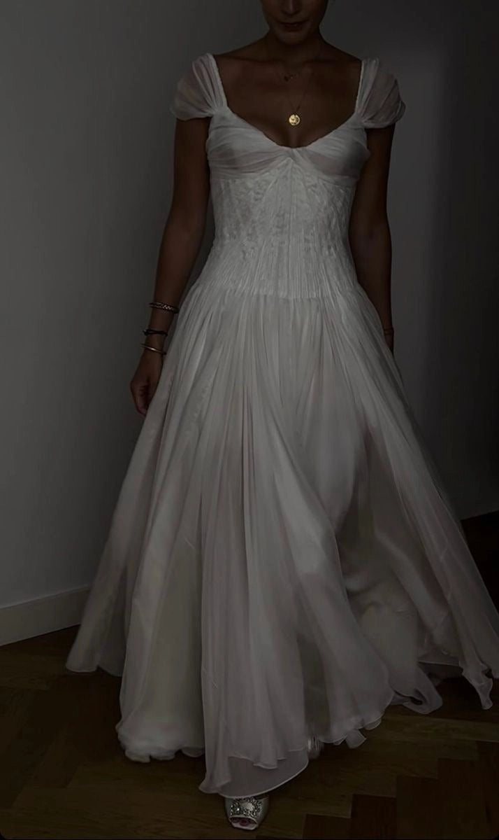 Soft Minimal Flowy A-Line Square Neck Short Puff Sleeve Low Back Court Train Bridal Wedding Dress