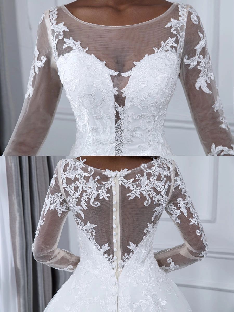 Classic A Line Illusion Round Long Sleeve V Back Chapel Train Wedding Dress