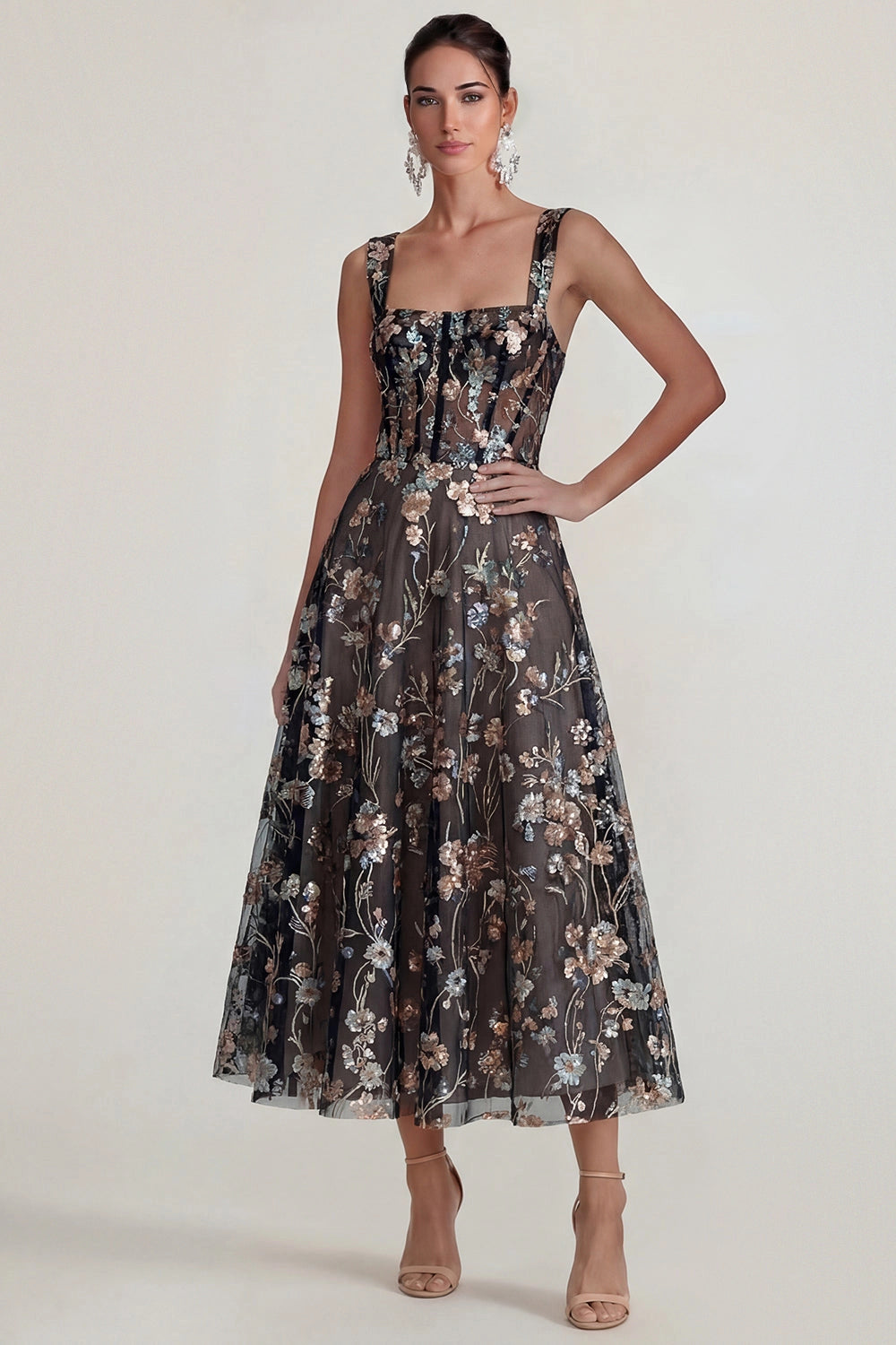 Blush Floral A-Line Square Neck Sleeveless Sheer Corset Back Midi Prom Dress