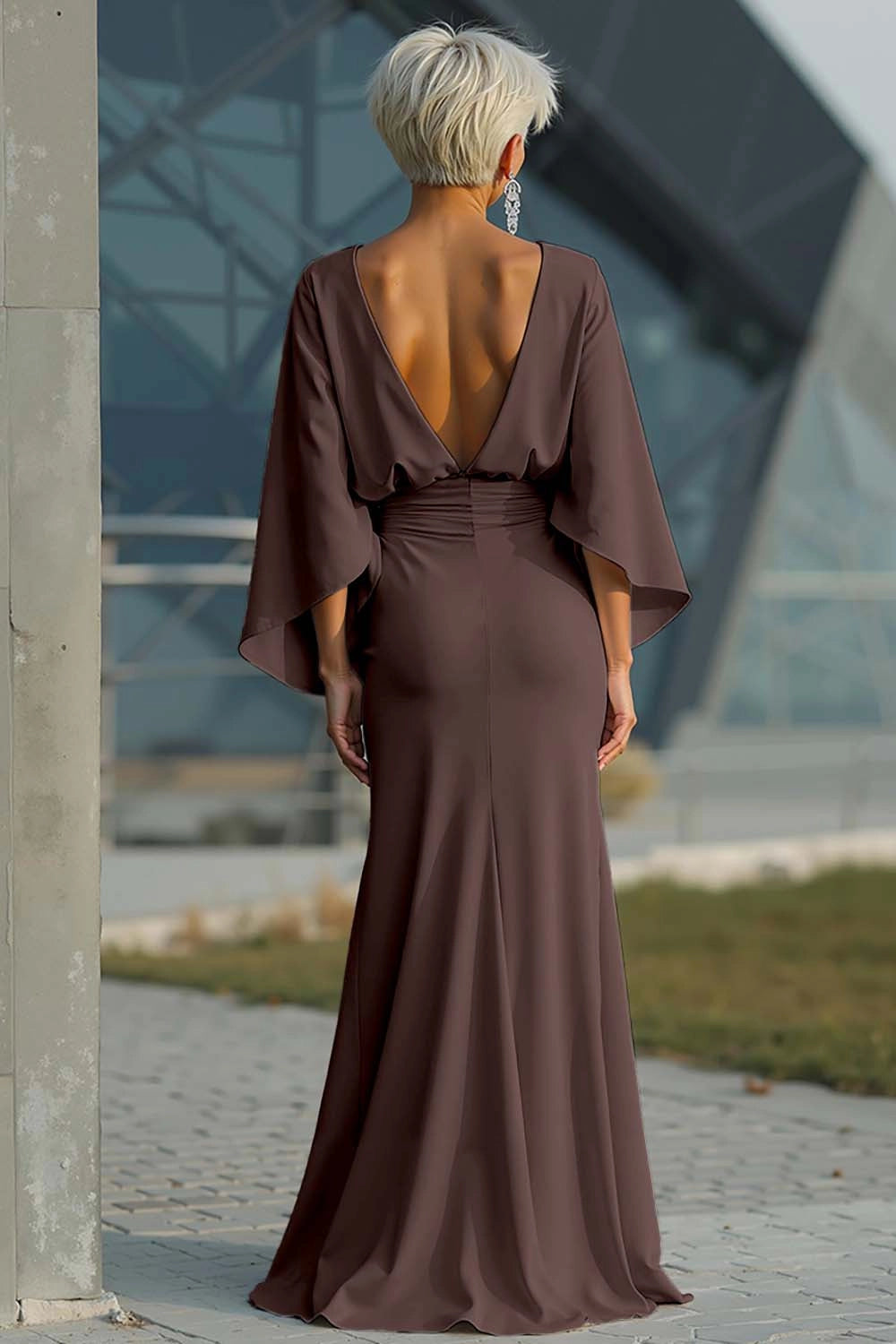 Satin Mermaid Boat Neck Dolman Deep V Back Maxi Wedding Guest Dress