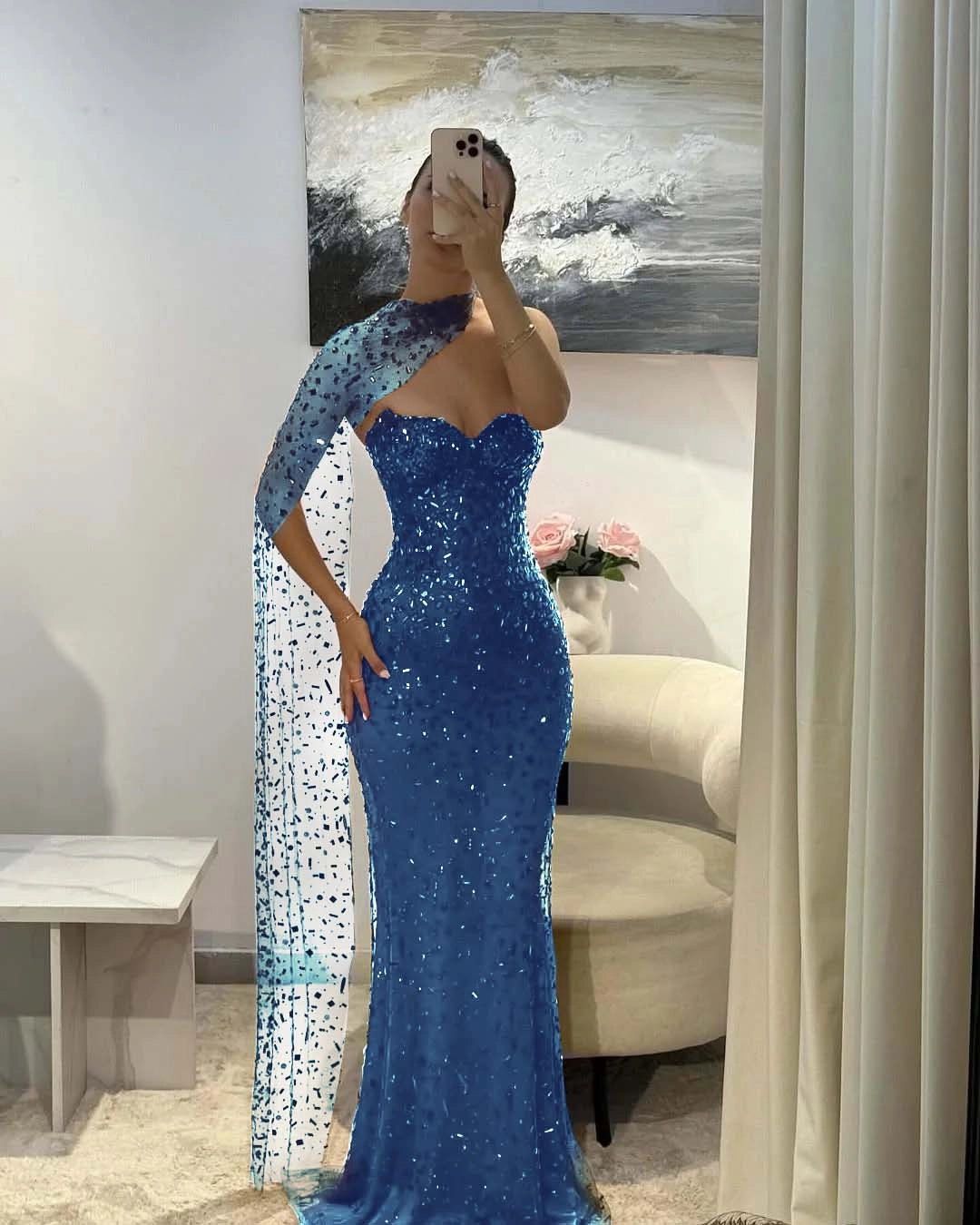 Sparkly Mermaid Sweetheart One‑Sleeve Open‑Back Long Prom Dress