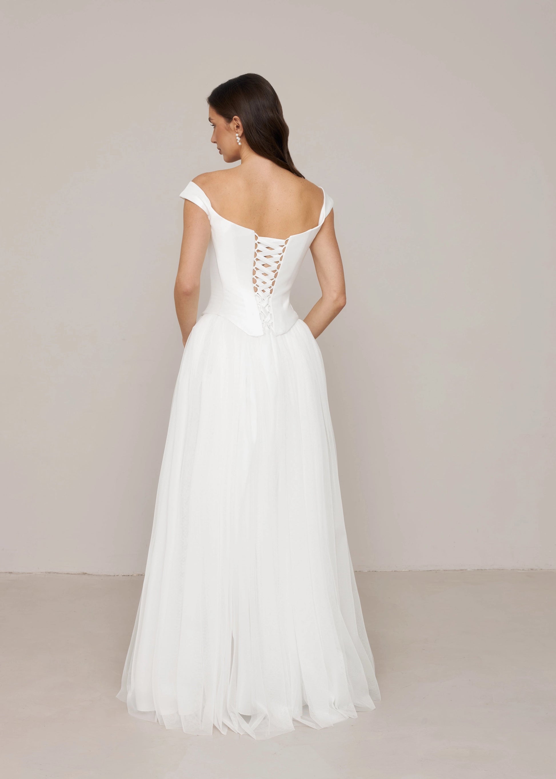 Minimalist A-line Off-shoulder Cap Sleeve Corset Back Floor-length Wedding Dress