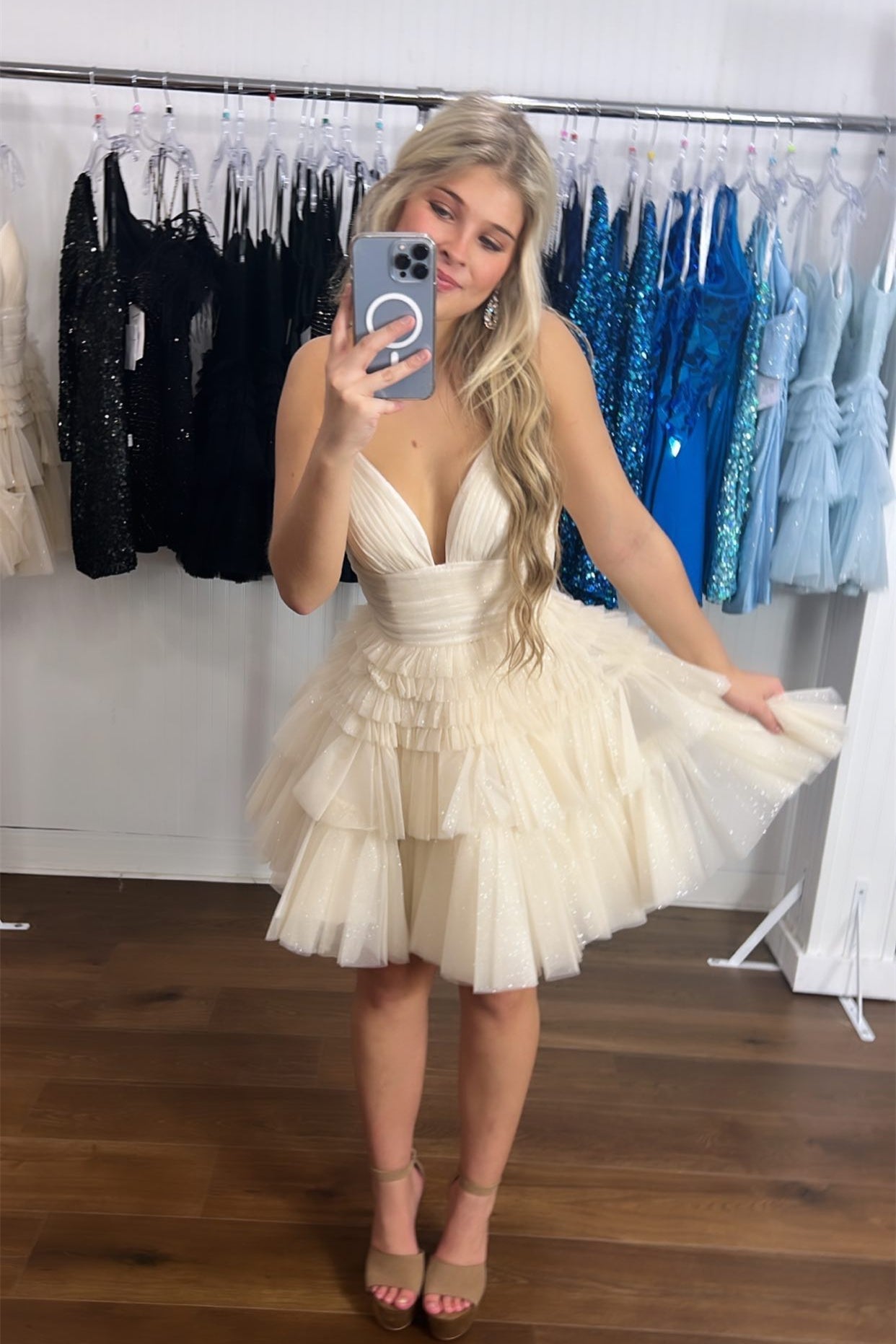 Glitter Tulle Short Ball Thin Strap V Zip Back Ruffle Homecoming Dress