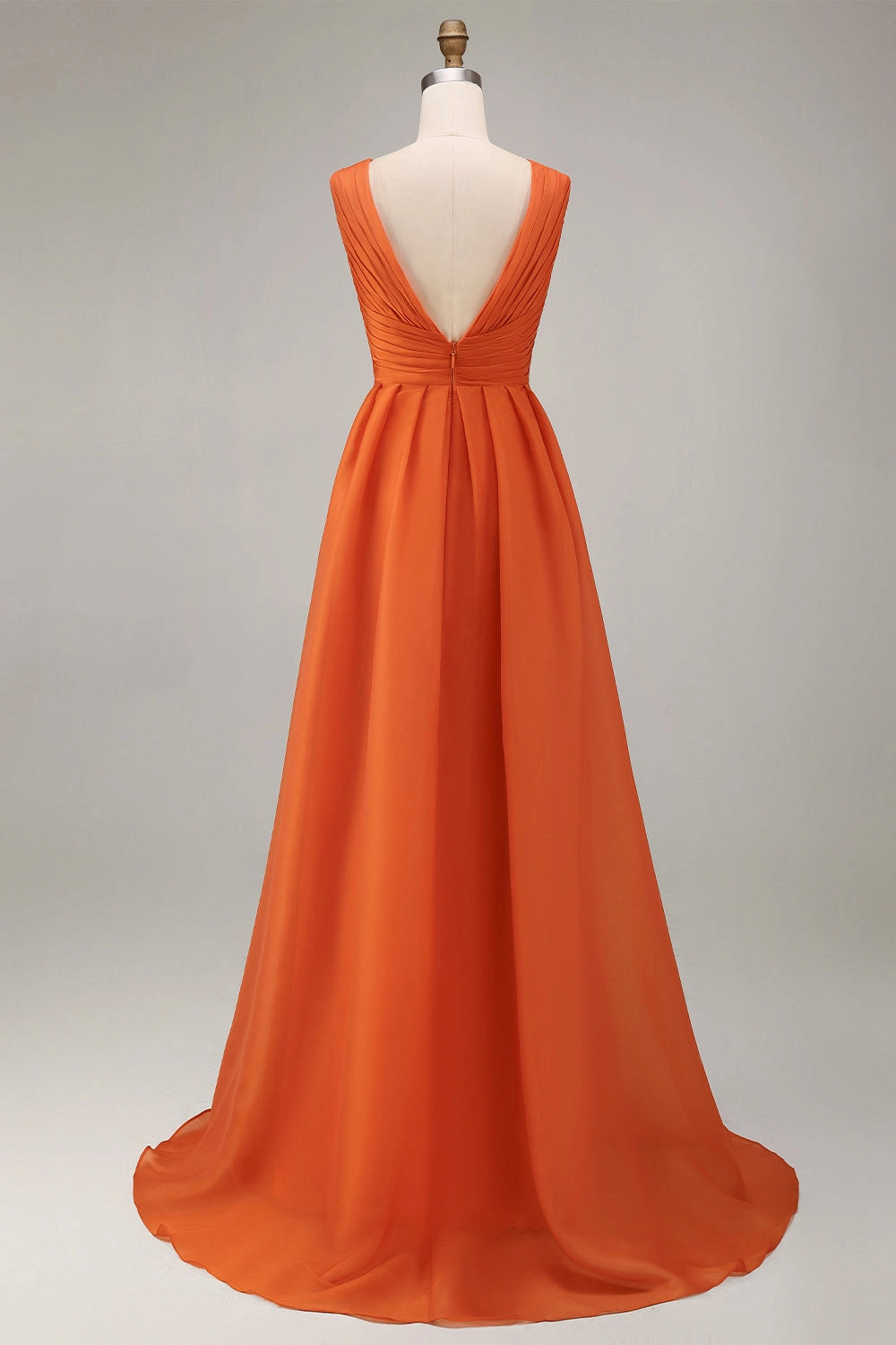 Flowy A Line Deep V Sleeveless Back Zip Train Maxi Wedding Guest Dress