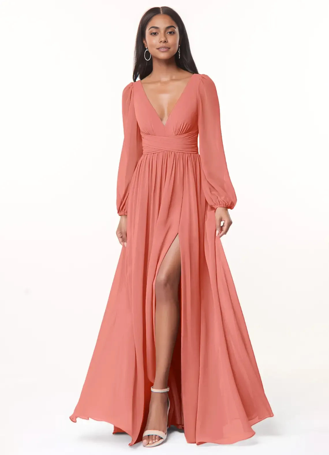 A-Line/Princess Chiffon Plunging Neck Long Sleeves Bridesmaid Dresses Wedding Guest Dresses With Slit