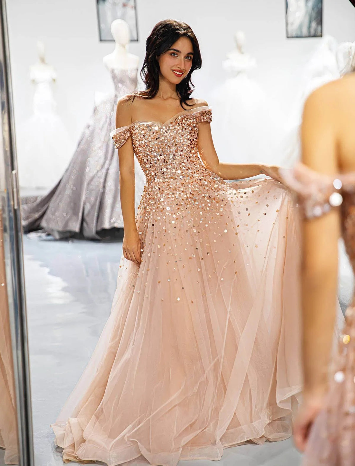 Blush A-line Off Shoulder Sequin Tulle Long Evening Dress