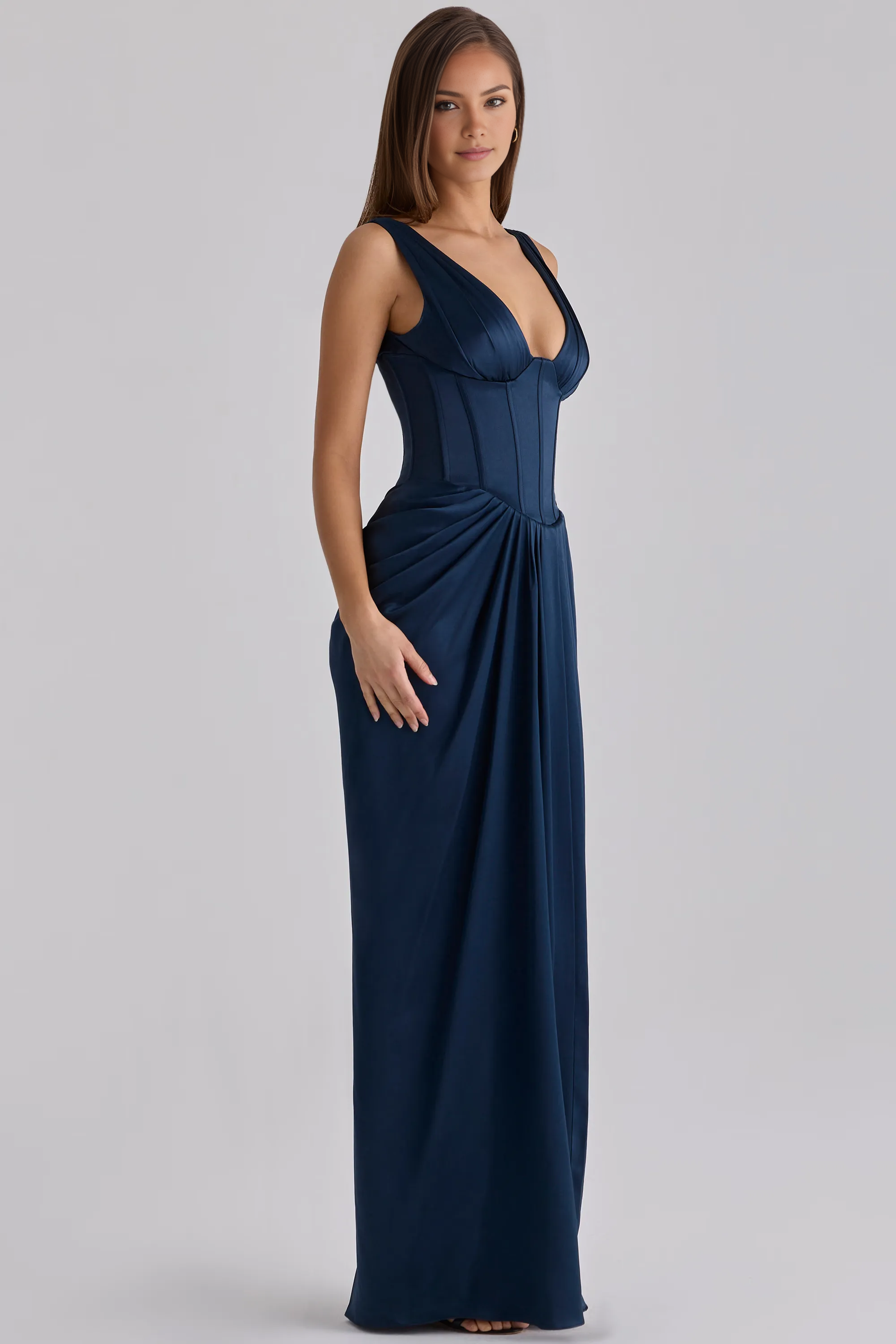 Formal Sheath Plunge V-Neck Sleeveless Satin Corset Evening Dress