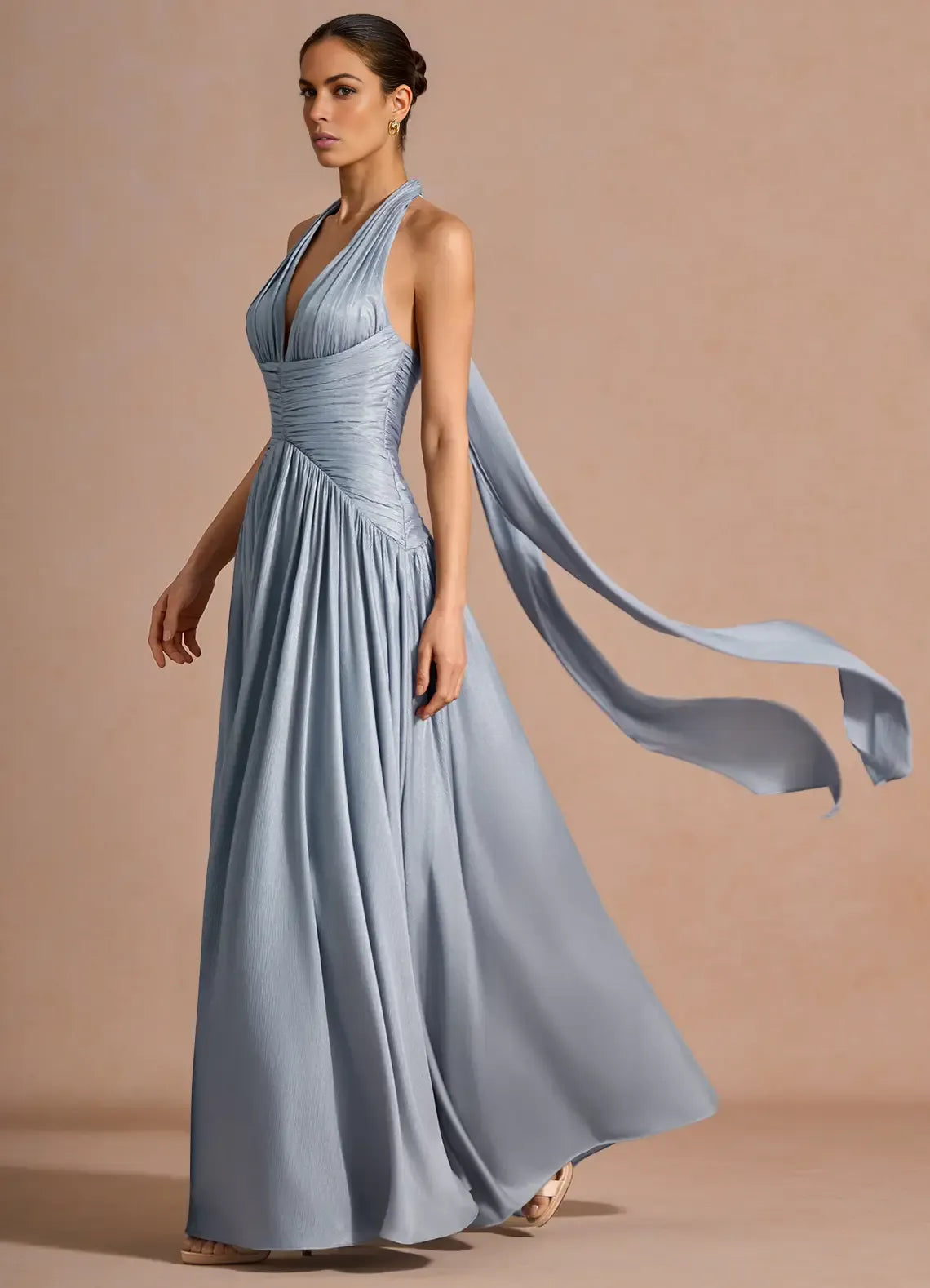 Elegant A-line Halter Sleeveless Maxi Lace-up Slit Formal Wedding Guest Dress