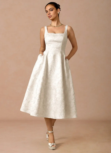Elegant Flare Square Sleeveless Jacquard Midi Corset Back Pockets Cocktail Dress