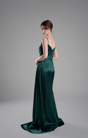 Luxury Mermaid V-Neck Sleeveless Satin Floor Length Beaded Slit Evening Dress