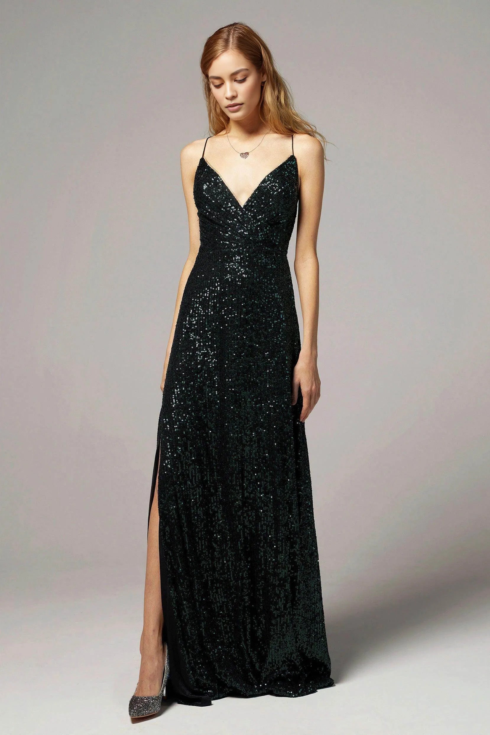 Sheath V-Neck Sleeveless Sequin Open Back Lace-Up Slit Evening Dress With Train
