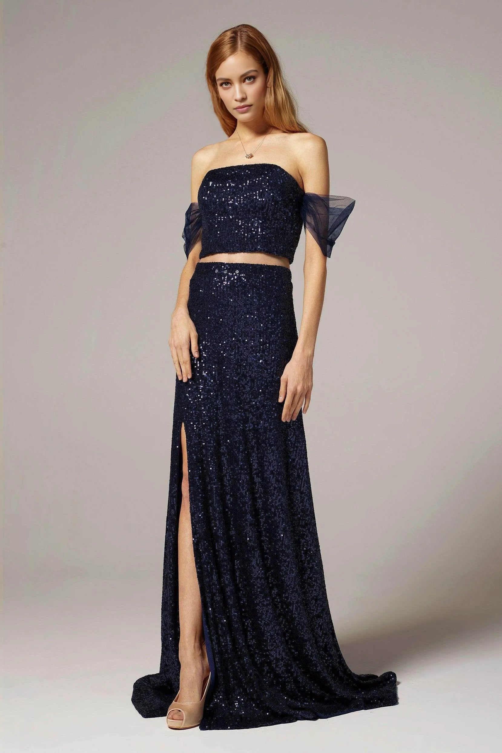 Modern Two-Piece Straight Neck Off-Shoulder Sequin Slit Prom Dress With Train