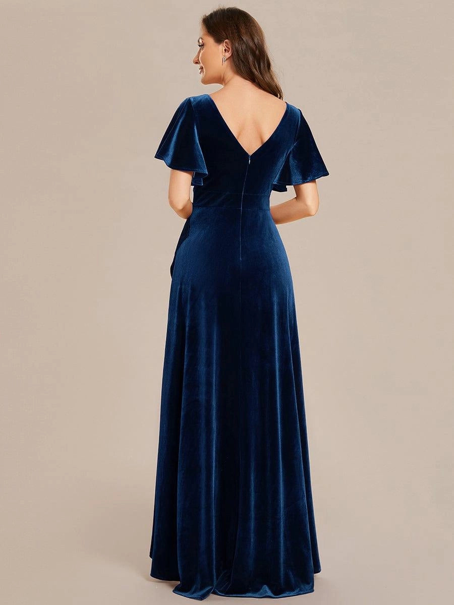 Vedress deep v‑back invisible zipper navy velvet floor‑length wedding mother formal gown rear view