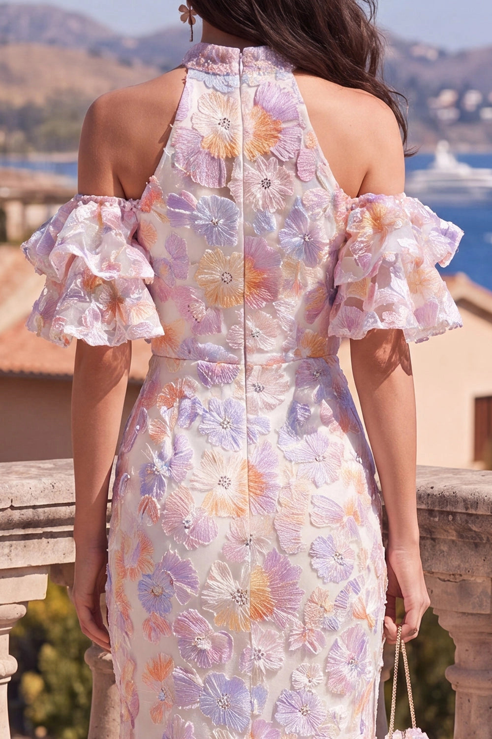 Floral Mermaid Halter Off-shoulder Zip Back Maxi Wedding Guest Dress