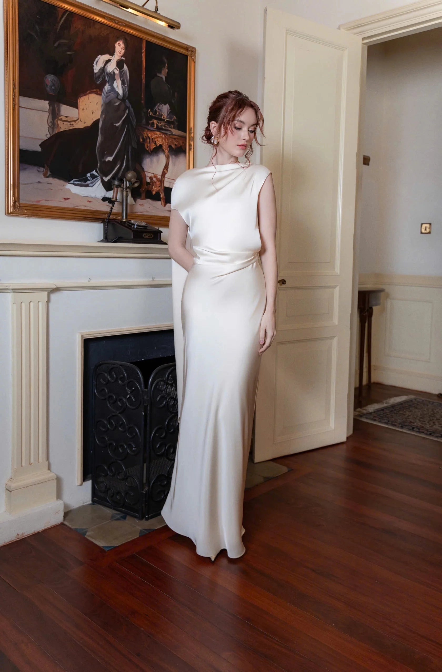 Elegant Sheath Bateau Sleeveless Plunge Back Floor‑Length Wedding Dress