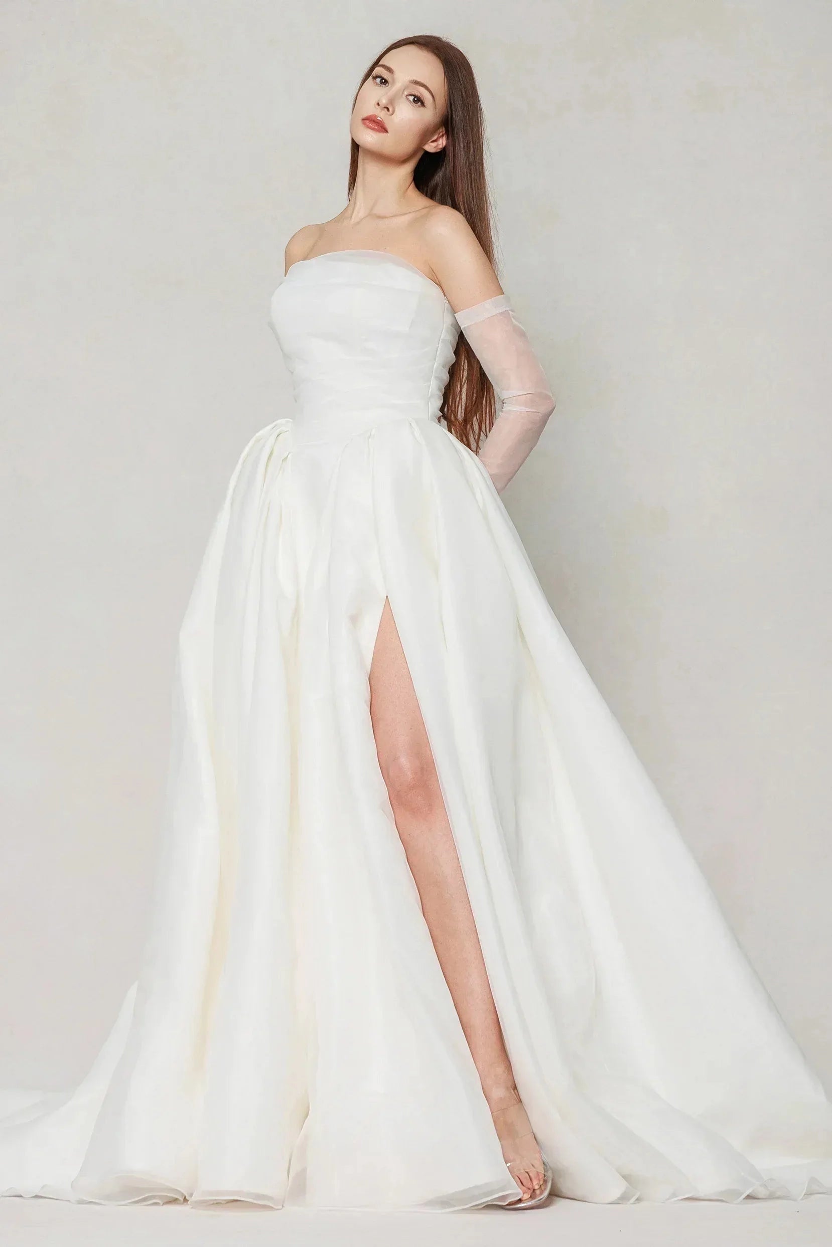 Elegant Ballgown Strapless Detachable Long Sleeve Plain Back Cathedral Train Bridal Wedding Dress