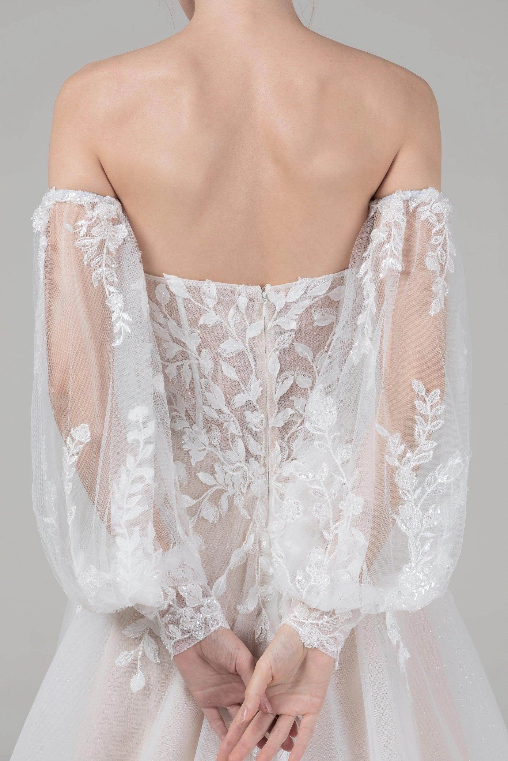Soft Romantic A-Line Off Shoulder Puff Sleeve Lace Back Chapel Train Bridal Wedding Dress