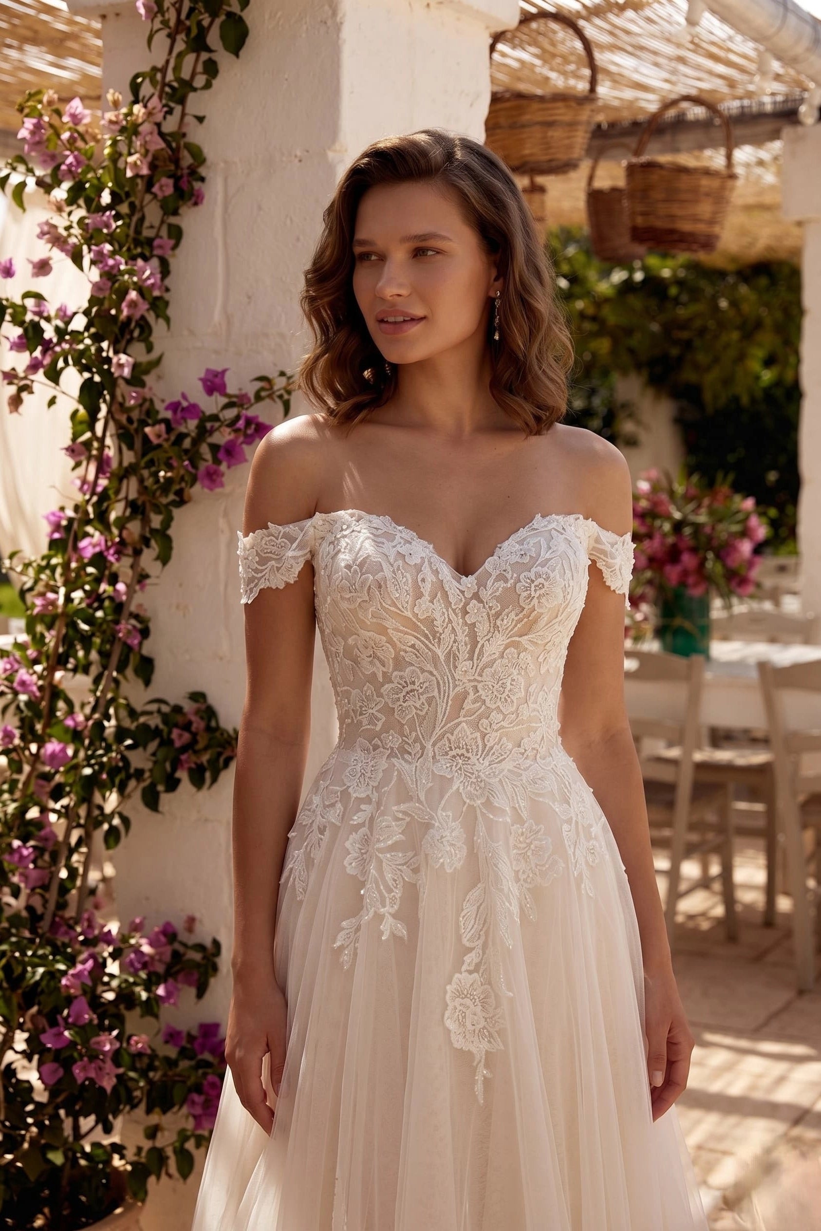 Romantic A-Line Off Shoulder Zip Back Lace Wedding Dress With Train
