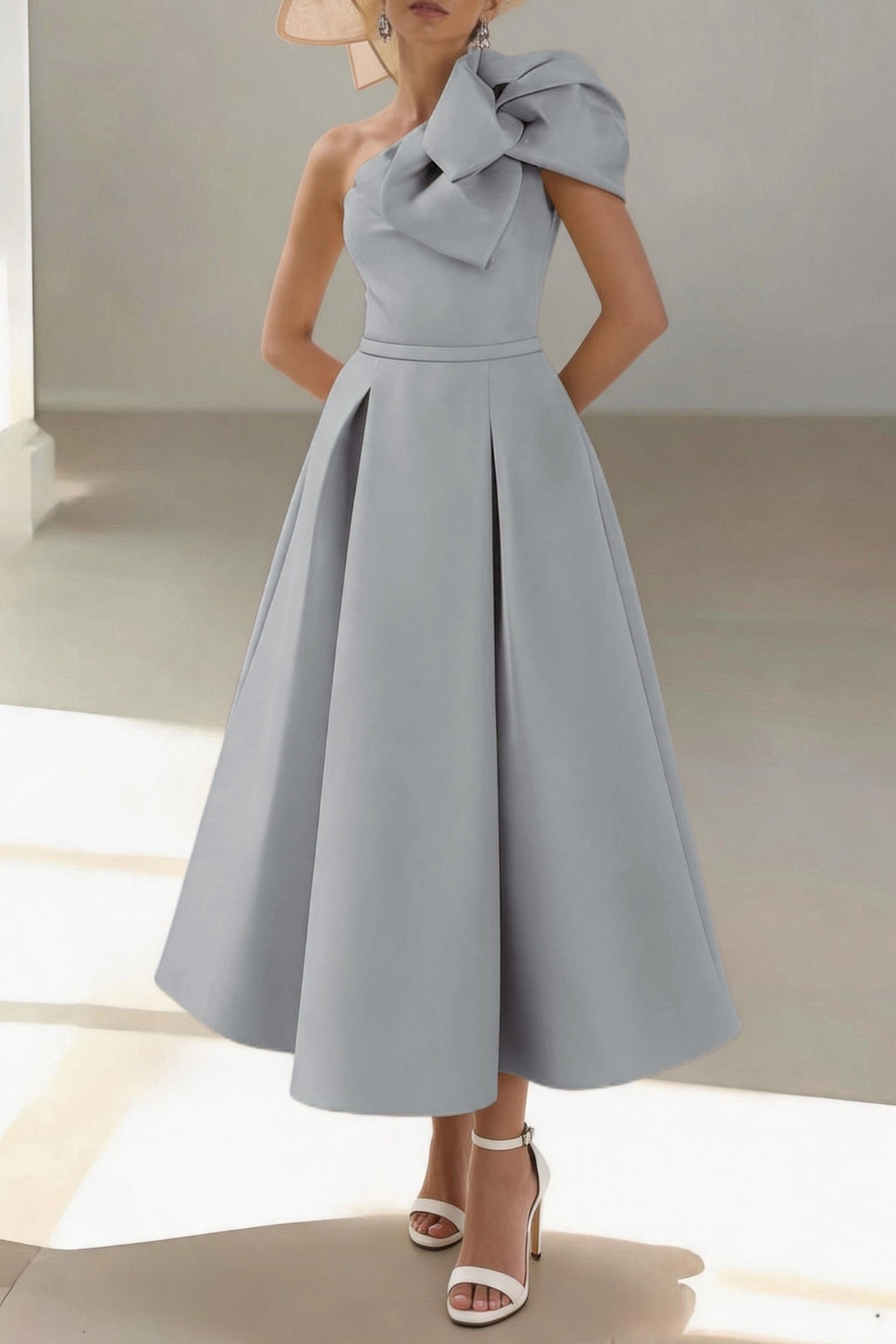 Elegant A-Line One Shoulder Sleeveless Zip Back Midi Mother Of The Bride Dress