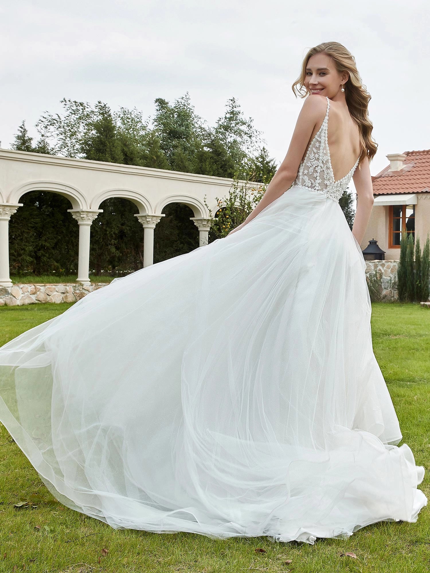 Romantic A-Line V Neck Zip Back Lace Tulle Wedding Dress With Train