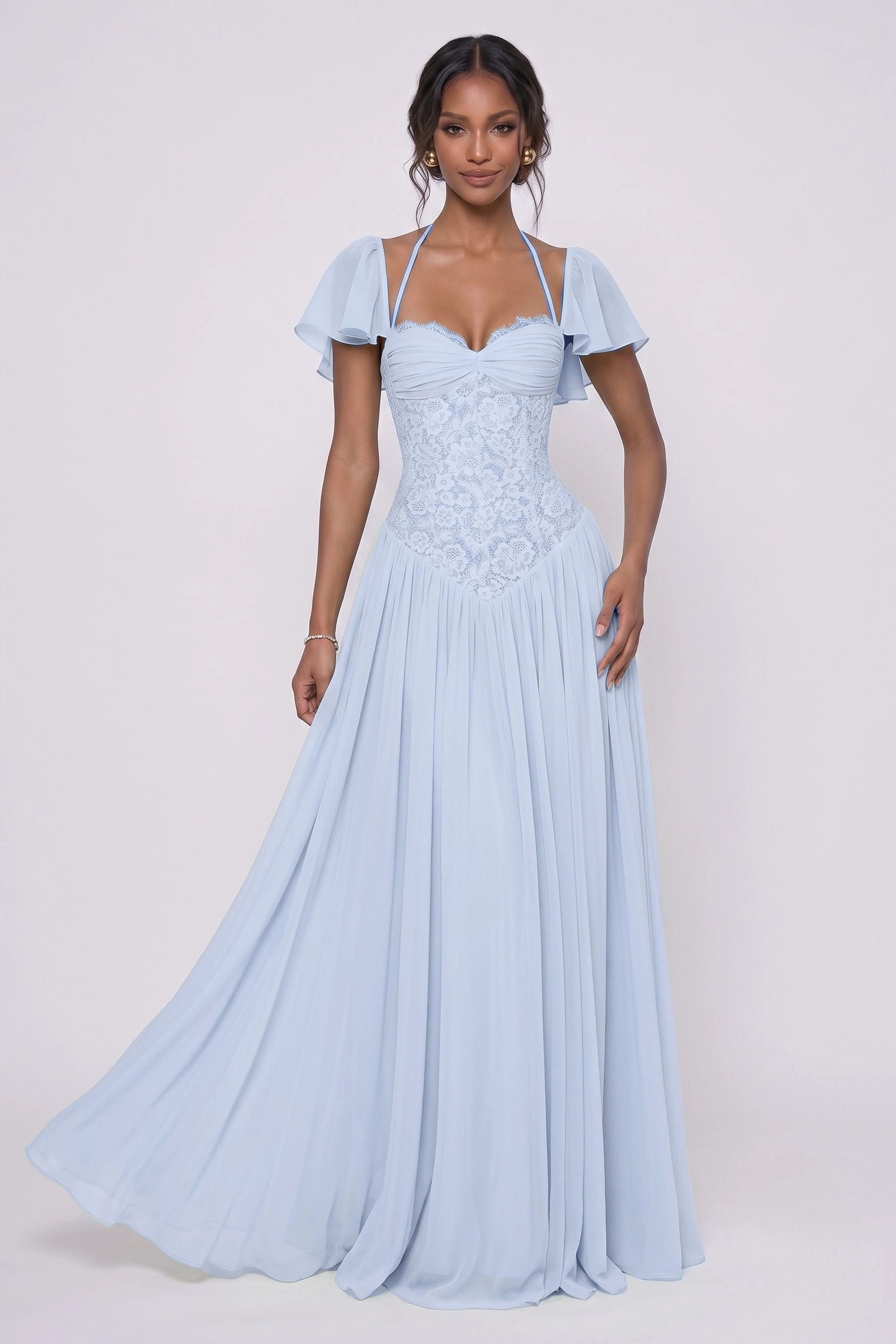 Romantic A-Line Sweetheart Flutter Sleeves Lace-Up Back Floor-Length Wedding Guest Dress