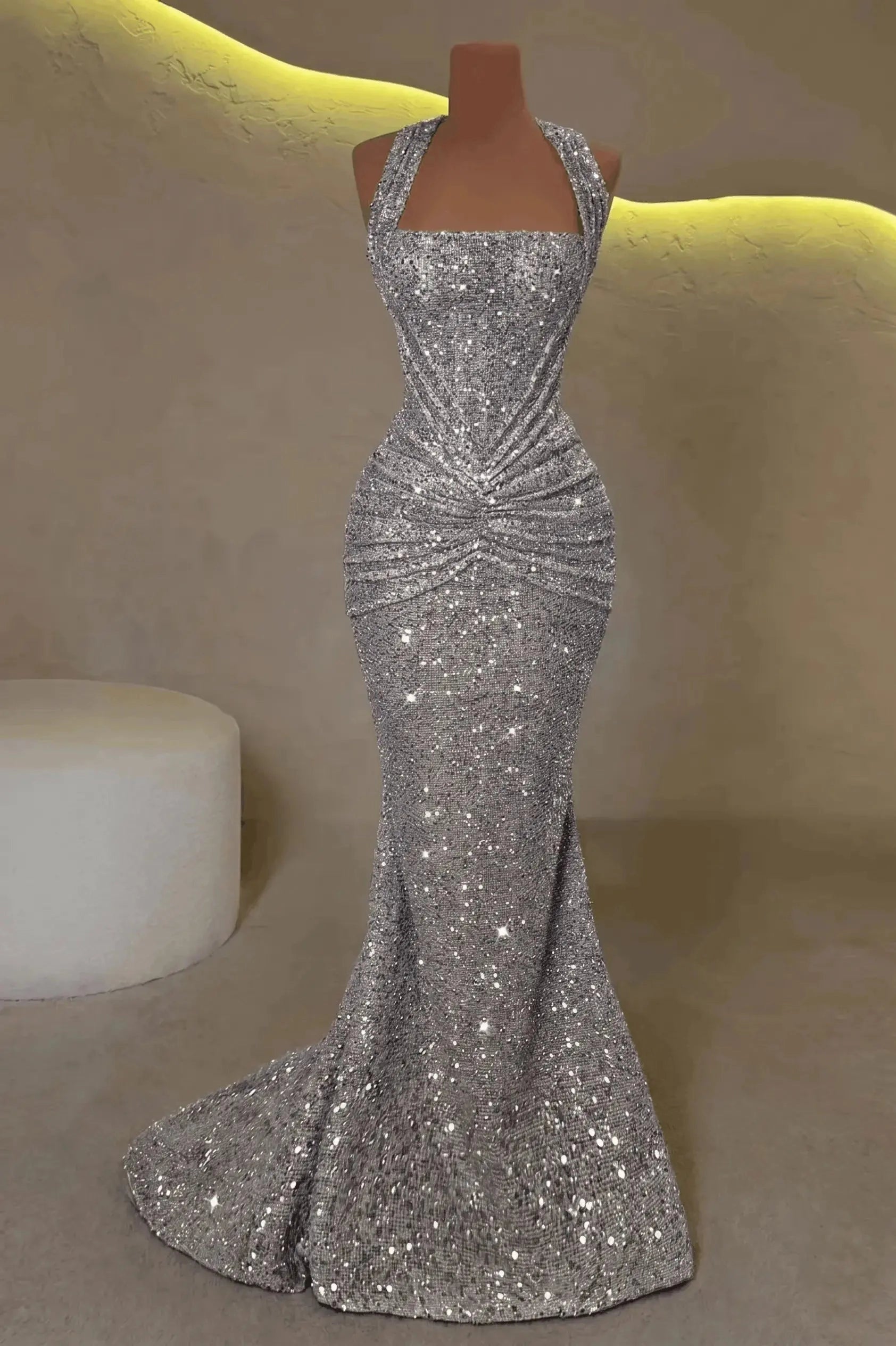 Glamorous Mermaid Halter Sleeveless Lace‑Up Back Long Prom Dress