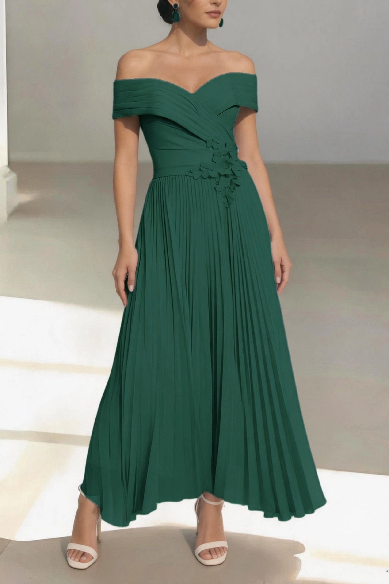 Romantic Pleated A-Line Off Shoulder Short Sleeve Zip Back Midi Mother Of The Bride Dress