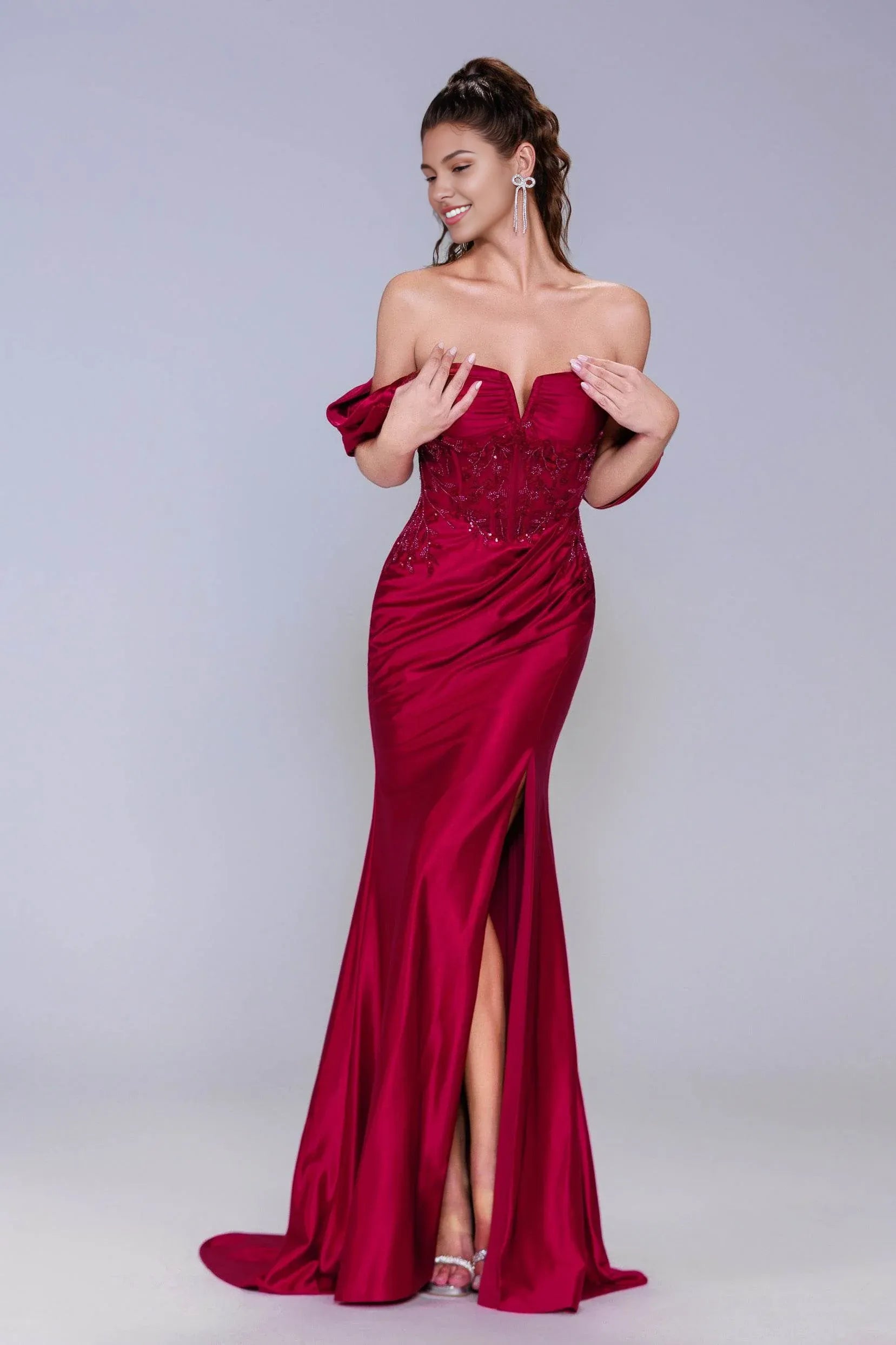Polished Sheath Off-Shoulder Satin Appliqué Sweep-Brush Train Evening Gown with Slit