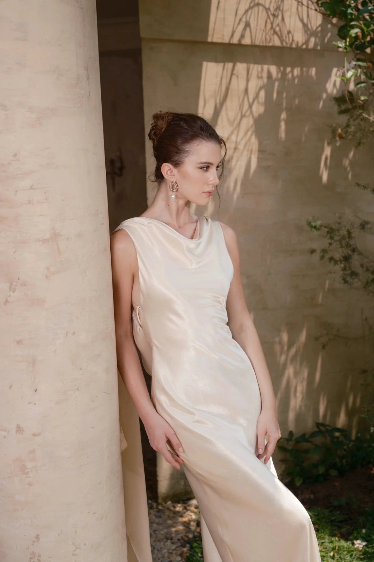 Elegant Mermaid Cowl Sleeveless Cross‑Draped‑Back Floor‑Length Wedding Dress