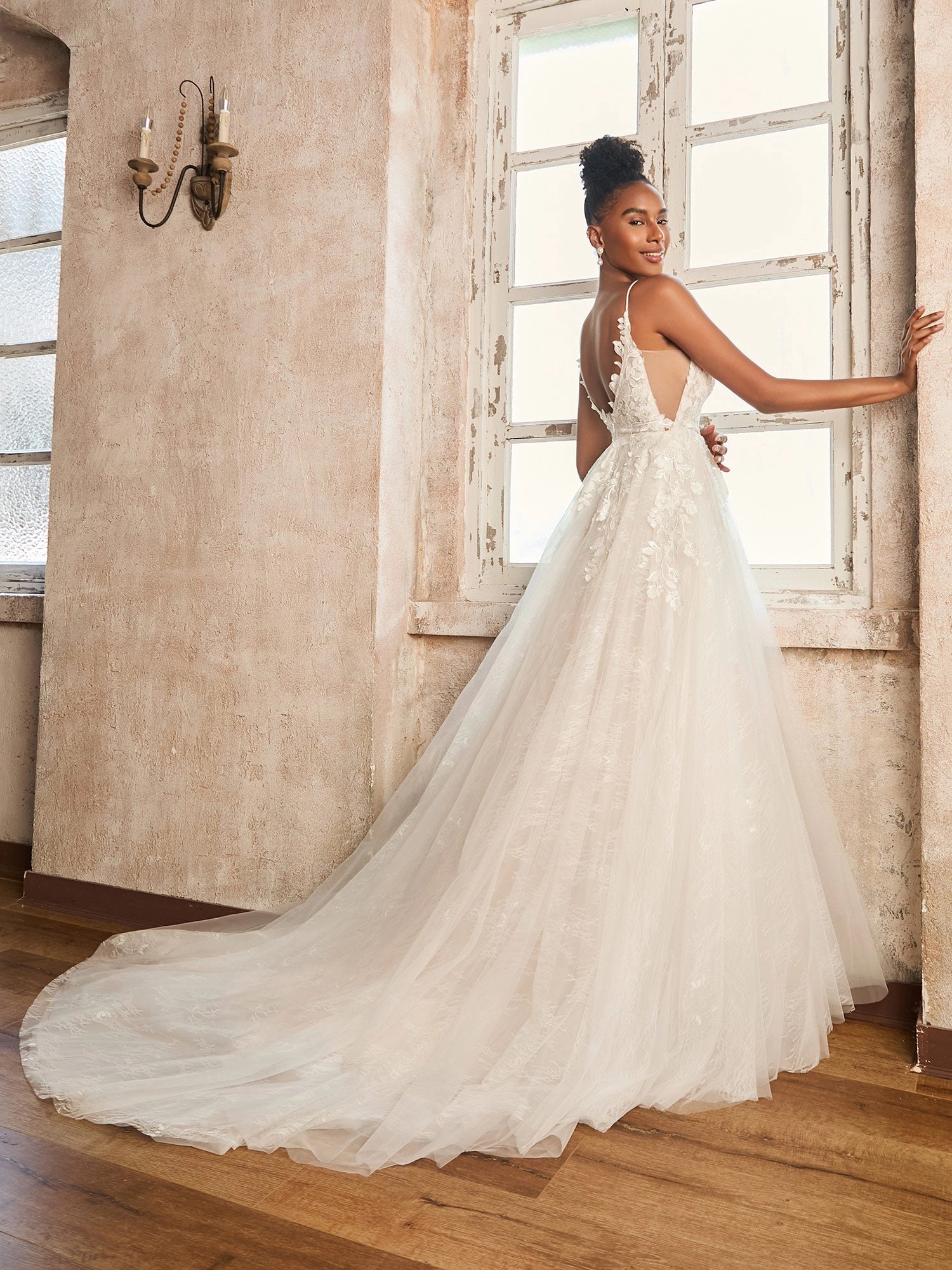 Romantic A-Line Deep V Spaghetti Strap Low Back Train Wedding Dress