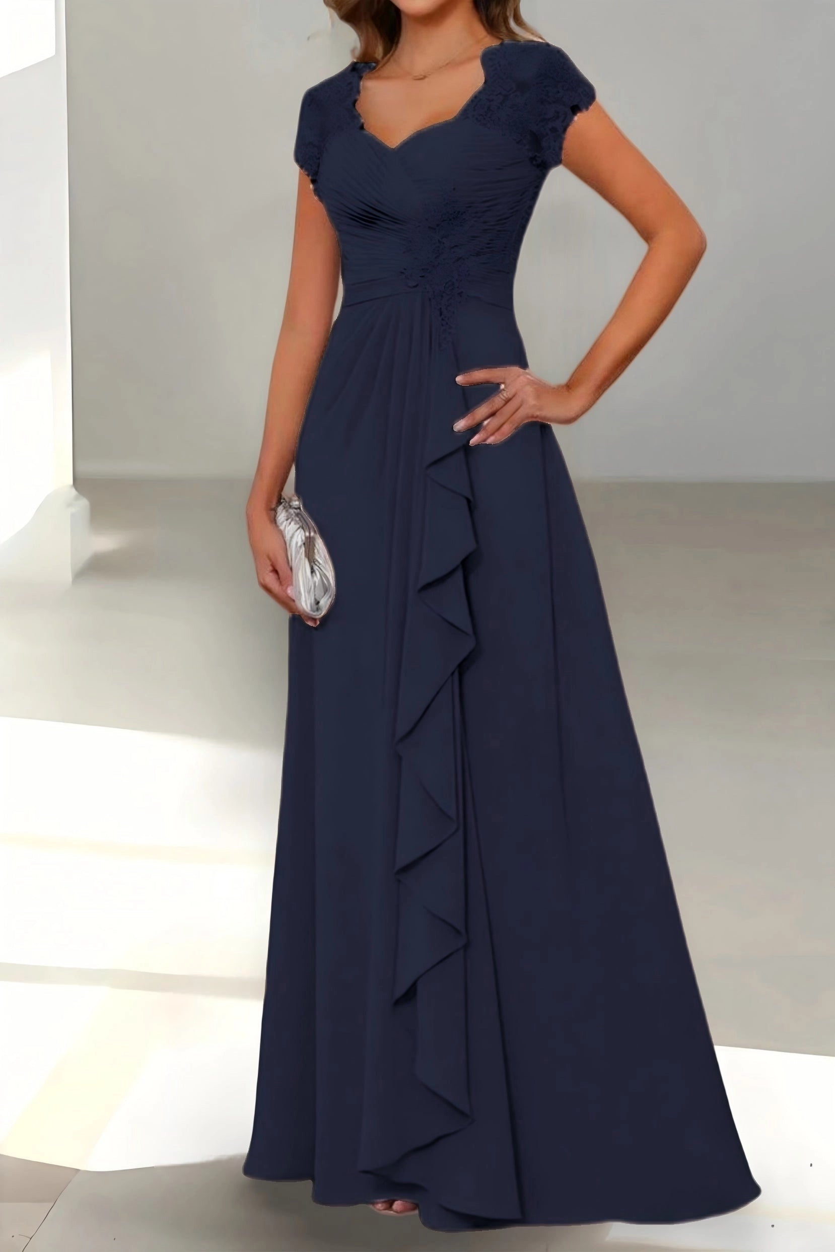 Elegant A-Line Sweetheart Cap Sleeve Zip Back Floor Length Mother Of The Bride Dress