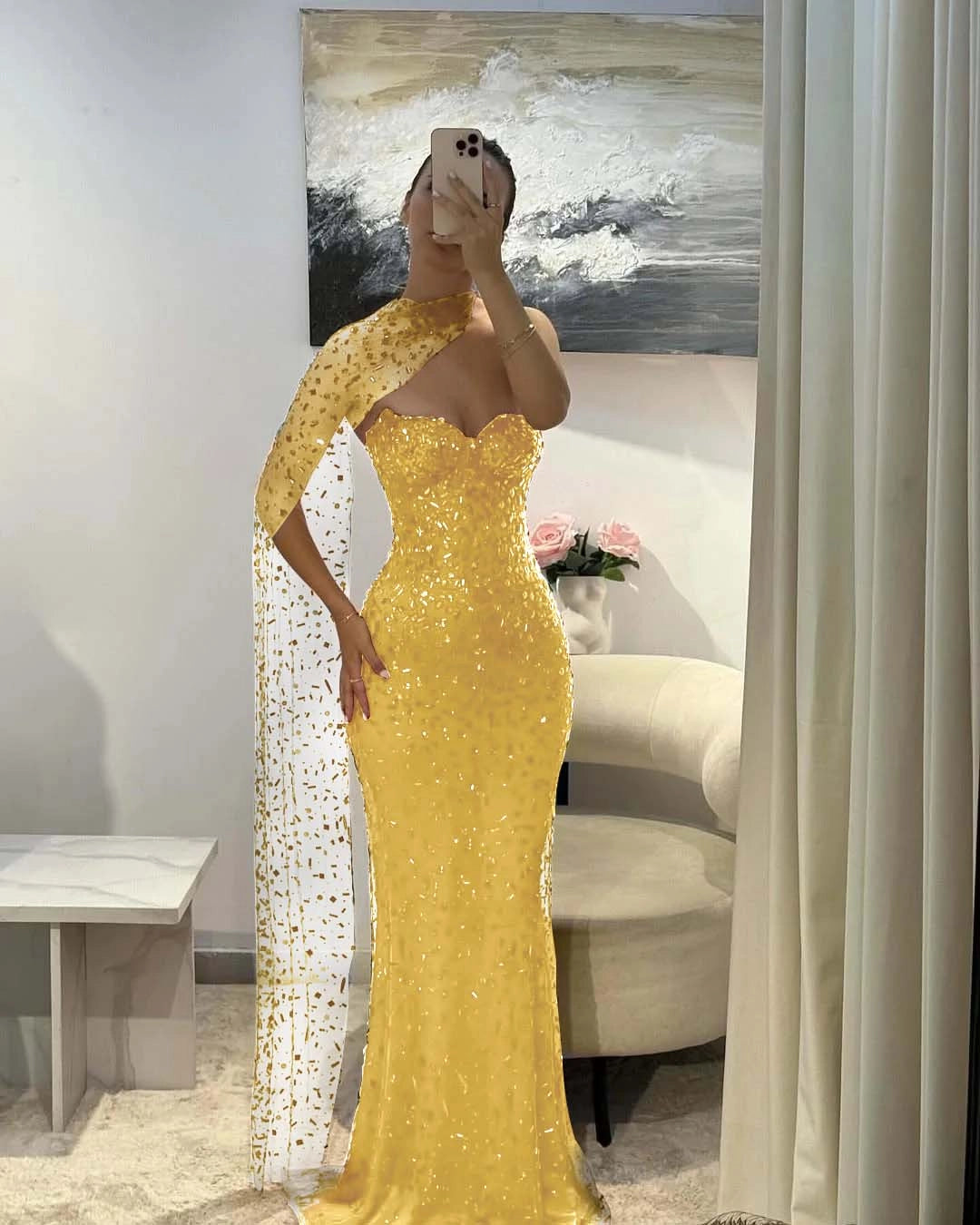 Sparkly Mermaid Sweetheart One‑Sleeve Open‑Back Long Prom Dress