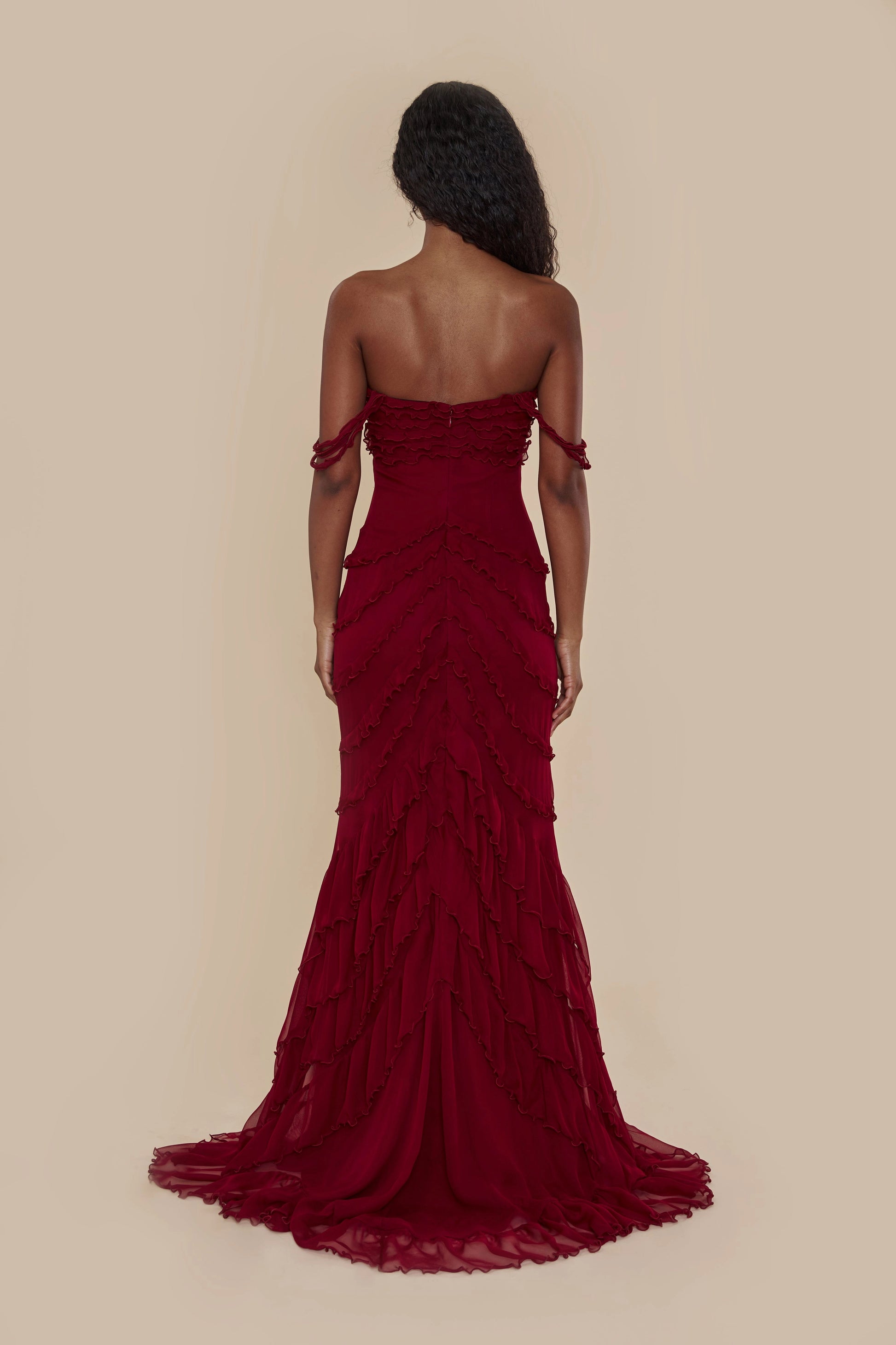Sultry Mermaid Off‑the‑shoulder Strap‑sleeve Sheer‑back Slit Train‑length Prom Dress
