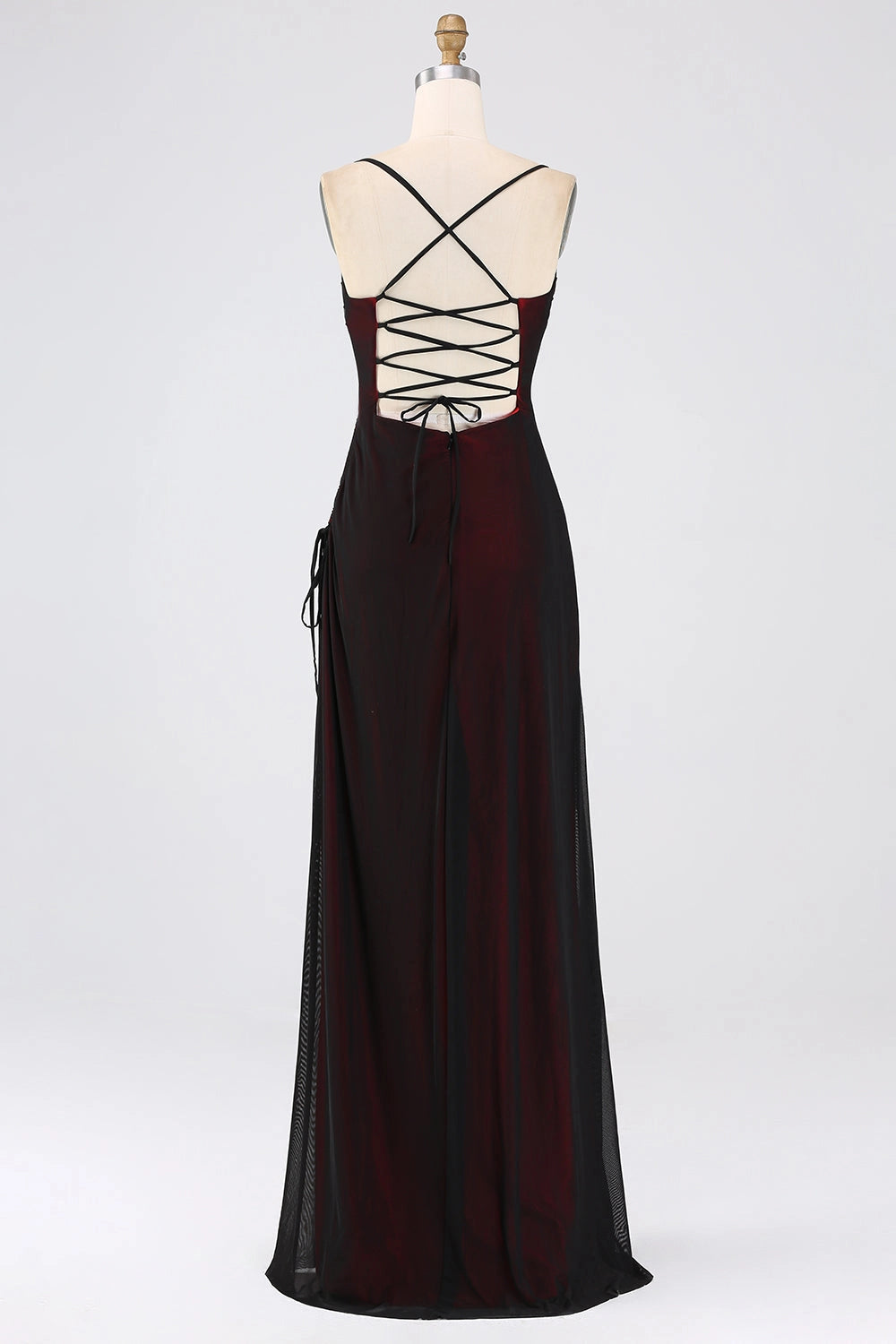 Sheath Spaghetti Straps Lace-Up Back Slit Long Wedding Guest Dress