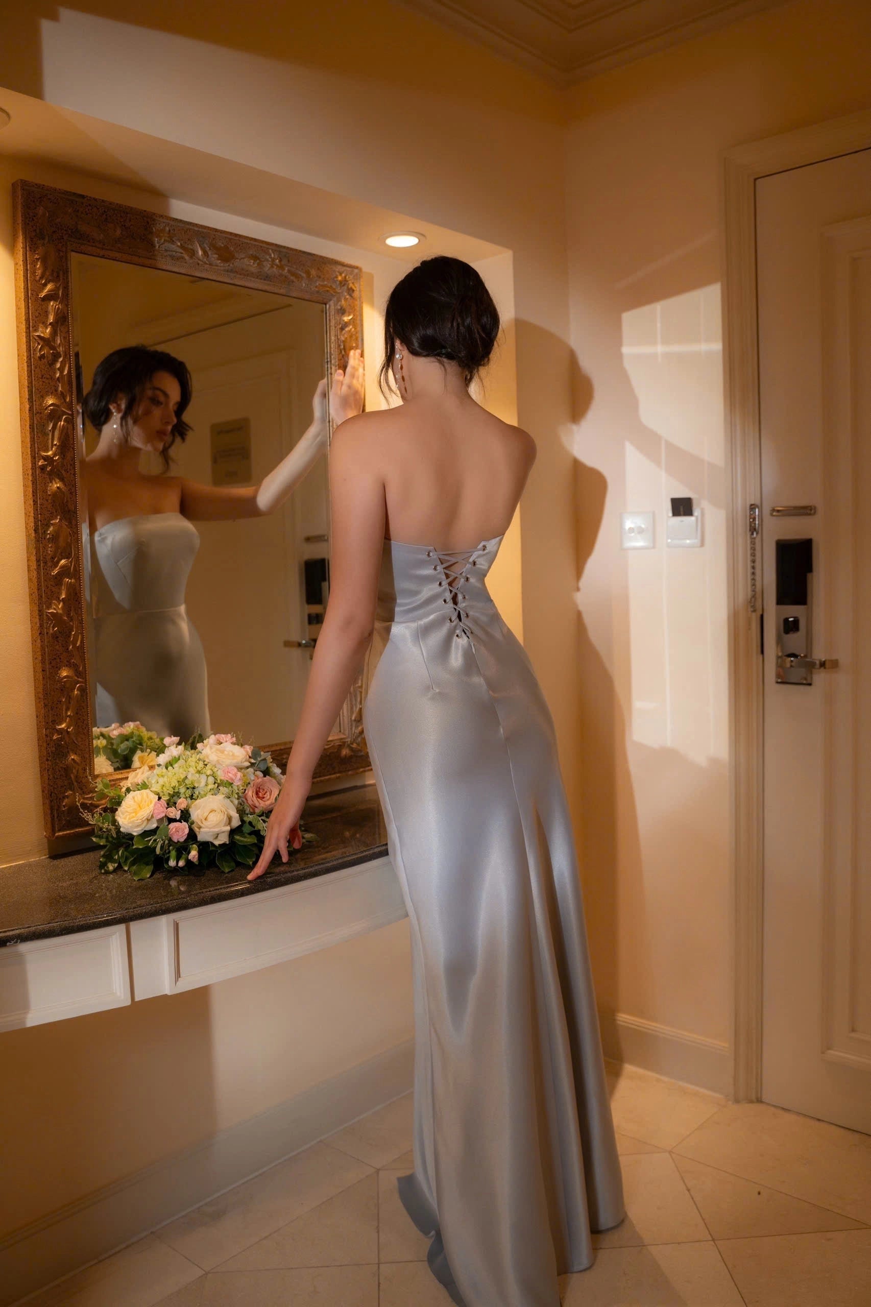 Mermaid Satin Strapless Plain Backless Floor‑Length Maxi Prom Dress