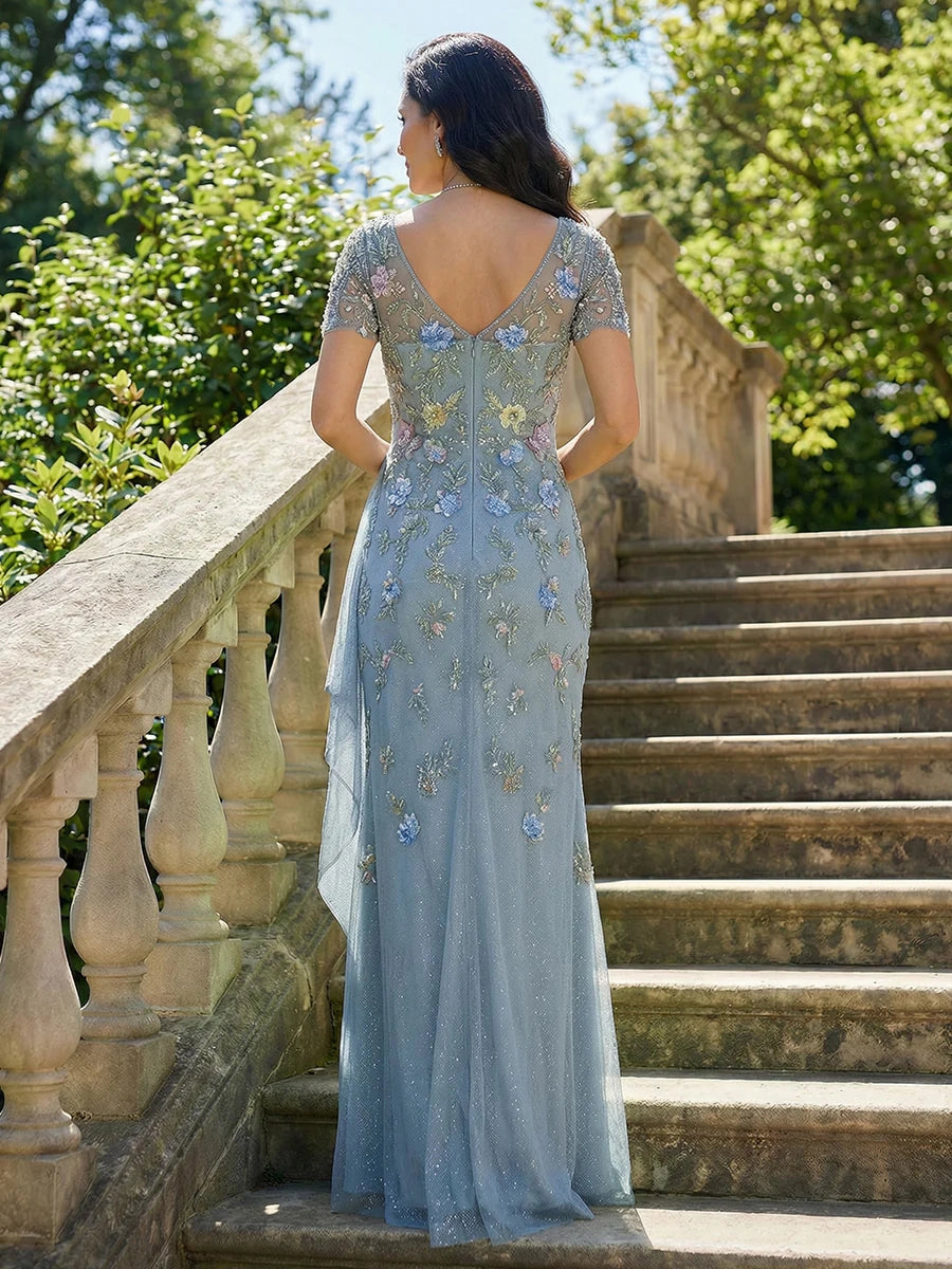 Stunning Blue Mermaid V‑Neck Short‑Sleeve Deep‑V‑Back Floor‑Length Mother‑of‑the‑Bride Dress