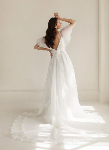 Sheer Boat Neck A-Line Flutter Sleeve Open Back Chapel Train Simple Wedding Bridal Gown