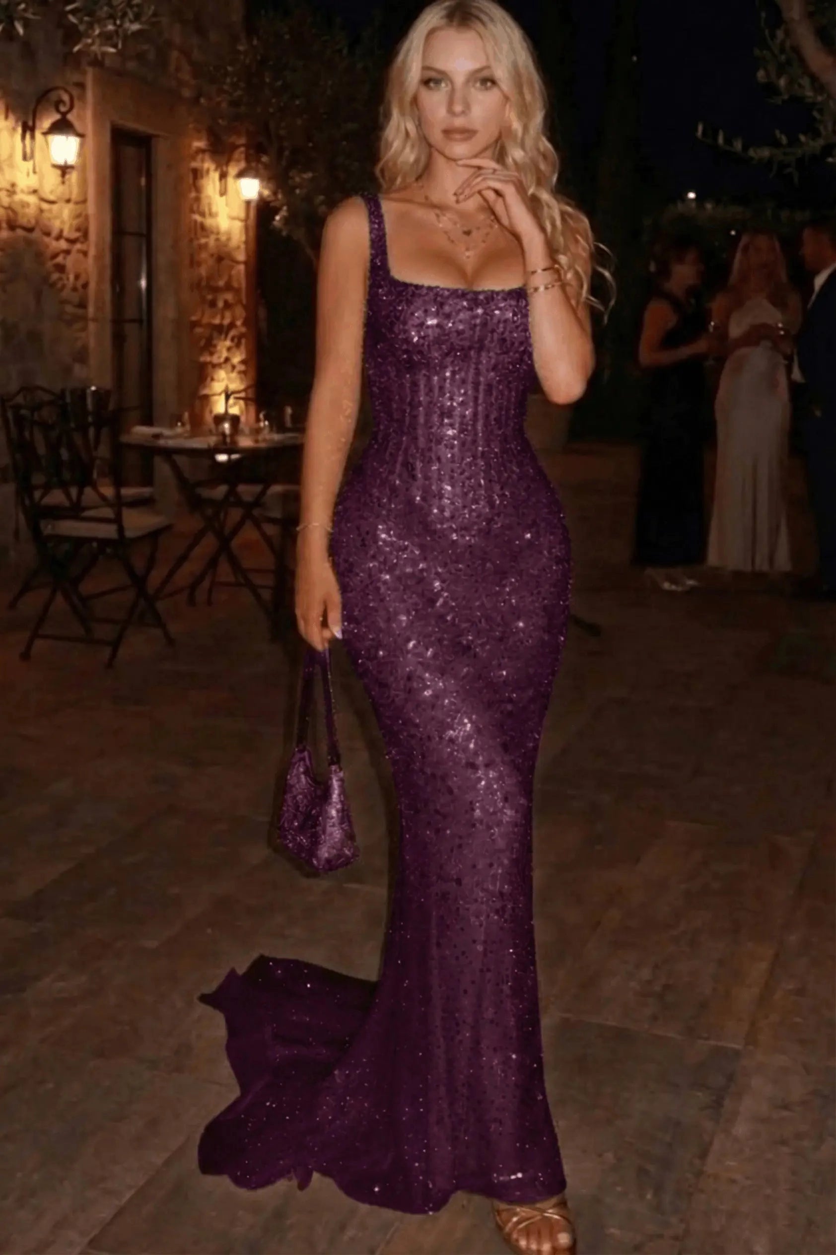 Sequin Mermaid Square Neck Sleeveless Zip Back Train Prom Dress